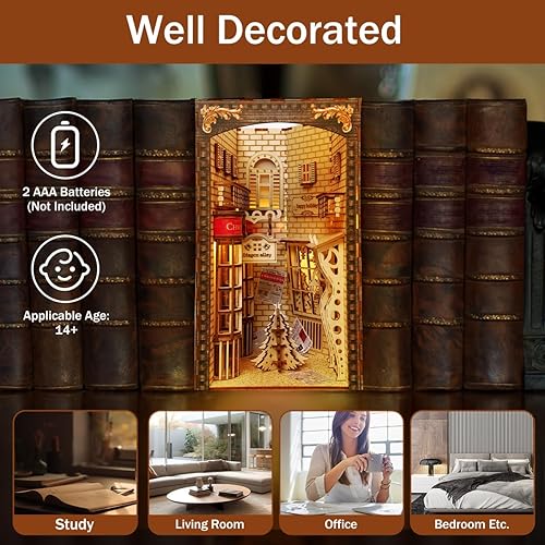 Miniatura 6 de Kit de rincón de libros de bricolaje, rompecabezas de madera 3D, sujetalibros en miniatura para casa de muñecas, estante de libros de decoración con