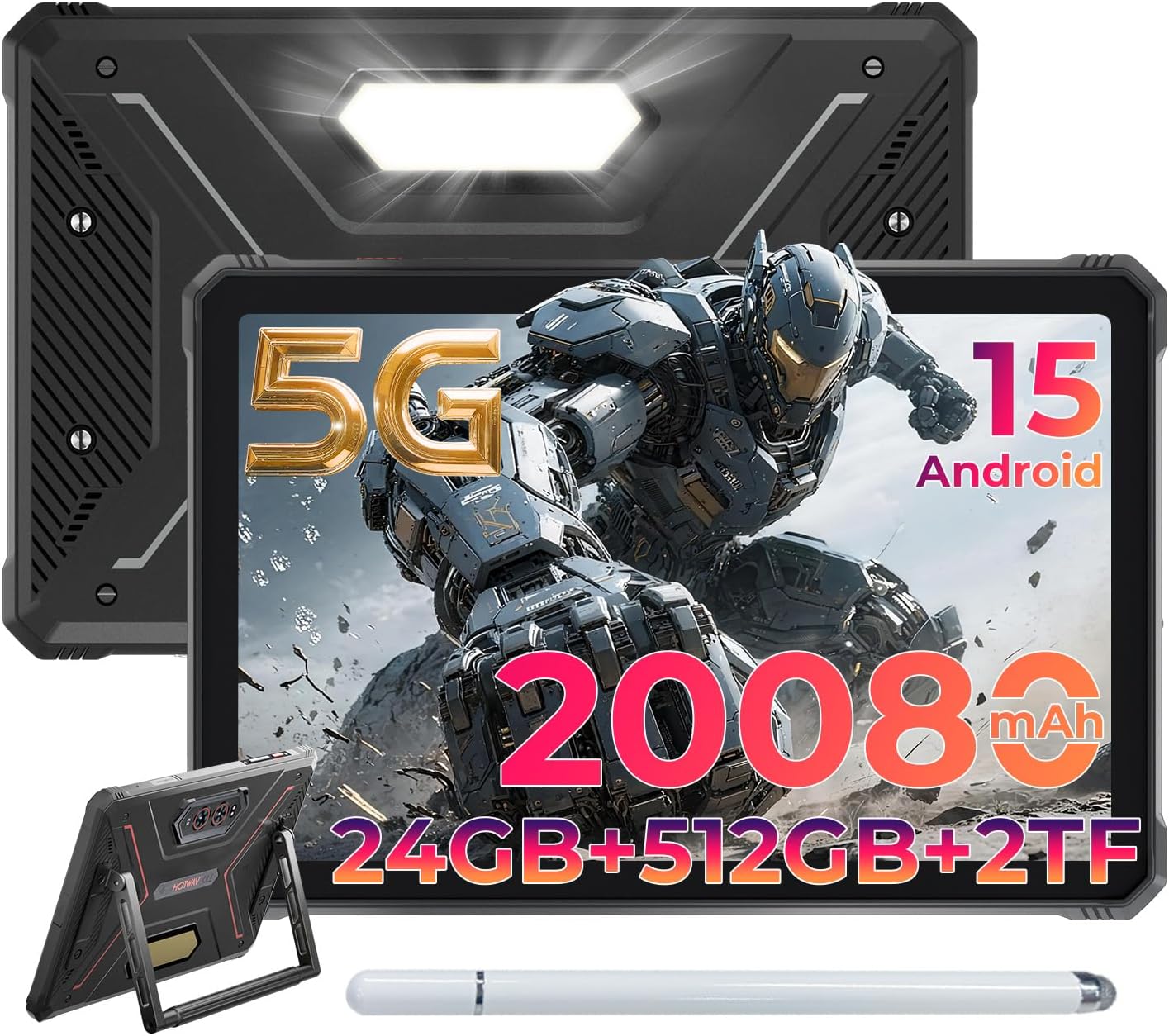 HOTWAV R9 Ultra 5G Outdoor Tablet, Waterproof Tablet with Pen, Android 15, 11 Inch 2K FHD+ Rugged Tablets 24GB +512GB+2TB, 20080mAh 20W Quick Charge, 64MP + 16MP IP68/IP69K, Dual SIM/5G WiFi/GPS/OTG