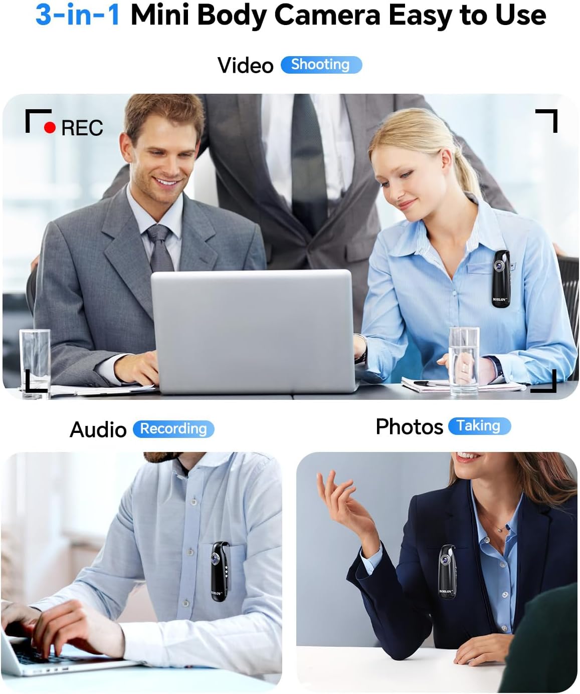 Image illustrating the three functions of the BOBLOV 007 Mini Body Camera: Video Shooting, Audio Recording, and Photos Taking, with examples of use in a meeting and with a pet.