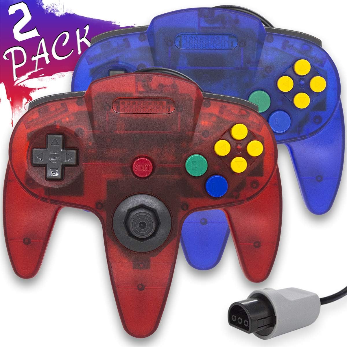 Wired Controller for Nintendo 64 N64 Console, Upgraded Joystick Classic Video Game Gamepad（Clear Red and Clear Blue,Pack of 2）