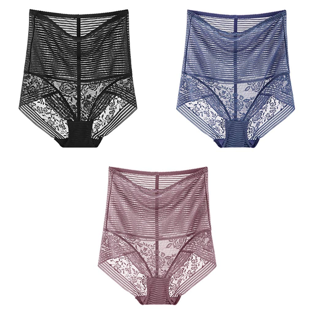 Bragas Braguitas Tangas Señoras del Verano Peinados De Algodón Y Encaje Completa Maxi Estiramiento Breve Bragas Alta Subida del Bragas, Paquete De 3(E,Large)