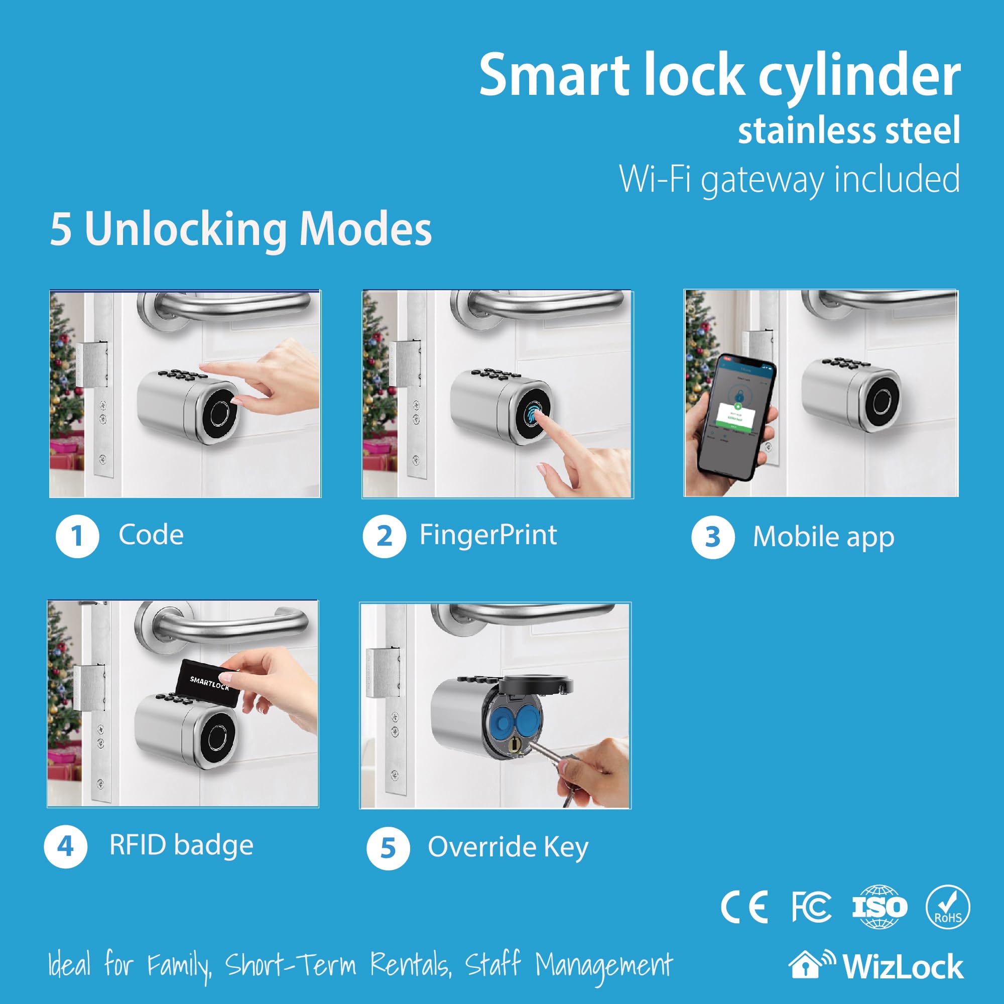 Smart-Home Türschloss Fingerabdruck Schließzylinder elektronisch 70-90mm | Euro-Profilzylinder EN 1303 für Türen 40-80 mm – Tuya App, Zahlencode, RFID – Gateway inkl. – 4 Karten, 2 Notschlüssel