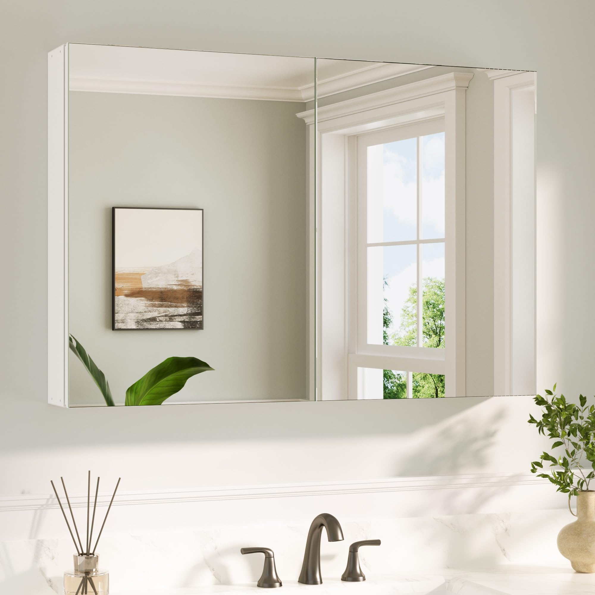 Keonjinn Bathroom Cabinets with Mirror - 90x60cm Aluminum bathroom Mirror Cabinets - Recessed Bathroom or Wall Mounted Cabinet with Stepless Adjustable Shelves - Modern Silver Bathroom Cabinet