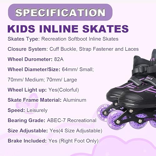 Miniatura 7 de Patines en línea para niñas de 6 a 12 años, cuchillas ajustables de 4 tamaños para niñas y niños, jóvenes y adolescentes, principiantes con ruedas