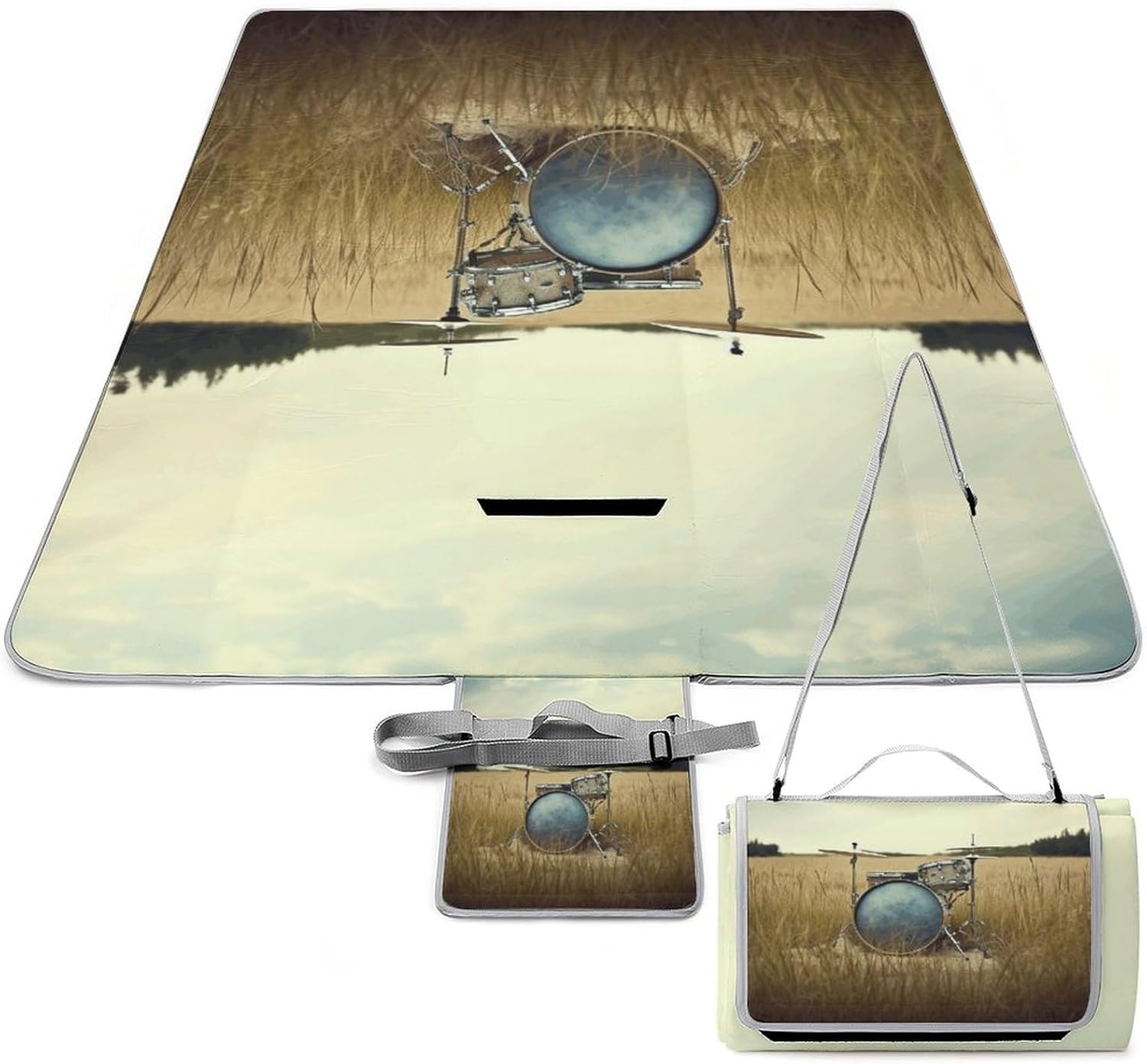 Outdoor Picnic Blanket,Music Drum in Field Print Picnic Blankets,Large Beach Blanket Sand Free Foldable Portable Camping Blanket, 58.3x58.3