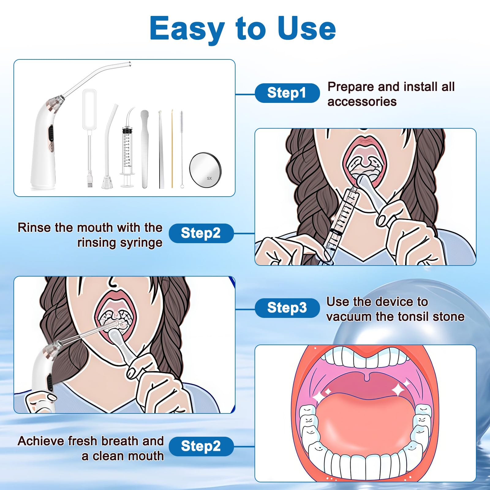 Kit de Nettoyage d’amygdales, Aspirateur électronique pour enlever les amygdales, kit de retrait de pierres amygdales avec 5 modes d'aspiration, outil de retrait des tonsillolith, upgrade
