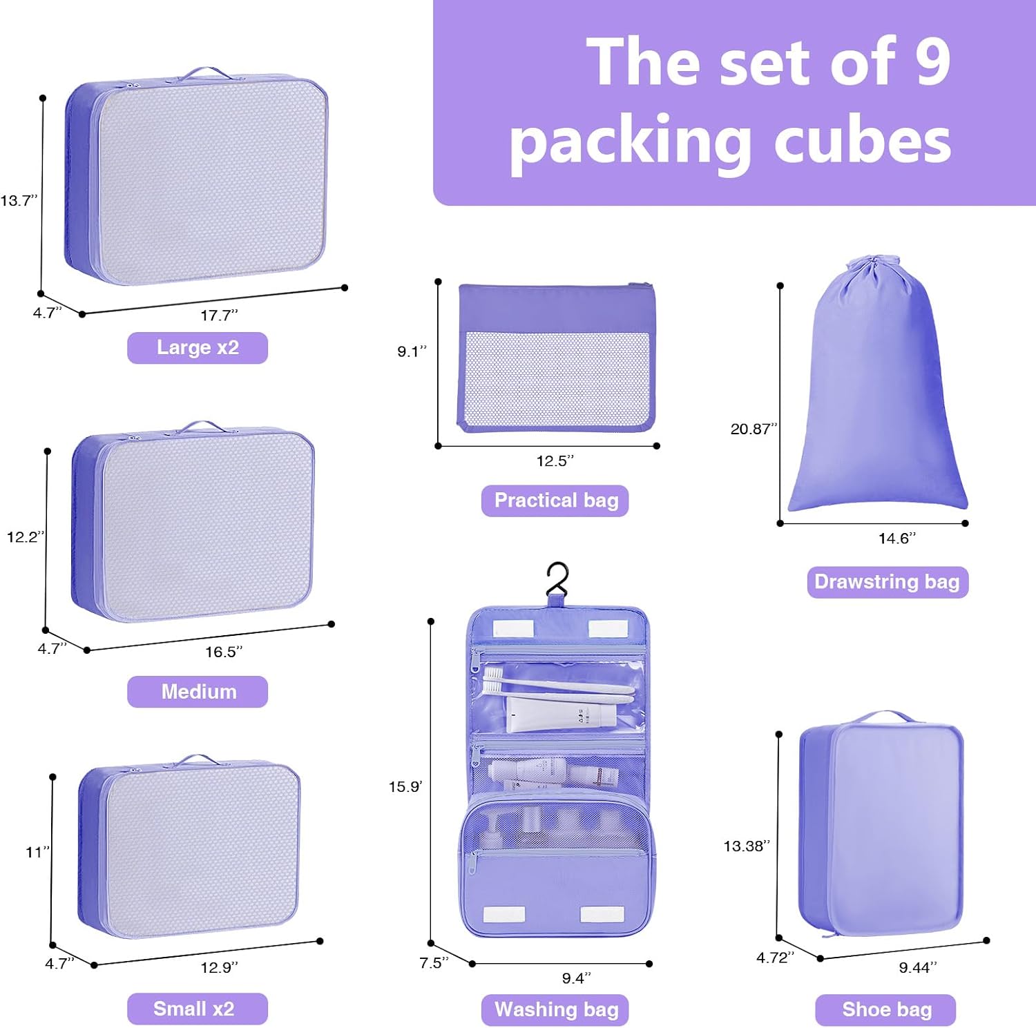 Packing Cubes for Travel - 9 Set Large Travel Cubes Luggage Organizer Bags Set With Laundry Bags/Shoe Bag/Toiletry Bag (Purple)