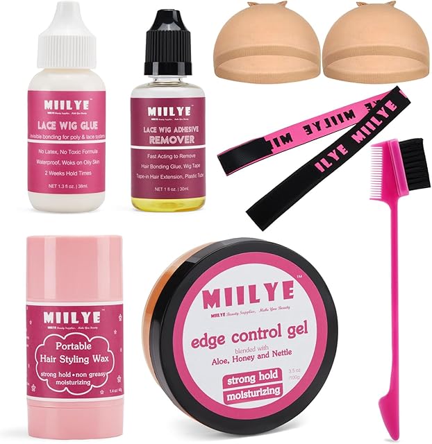 MIILYE Lace Wig Glue and Hair Styling Wax Gel Combo Pack - Invisible Wig Glue for Front Lace Wig, Wig Glue Remover, Wig Melting Band, Wig Cap, Hair Wax Stick, Edge Control Gel and Edge Brush