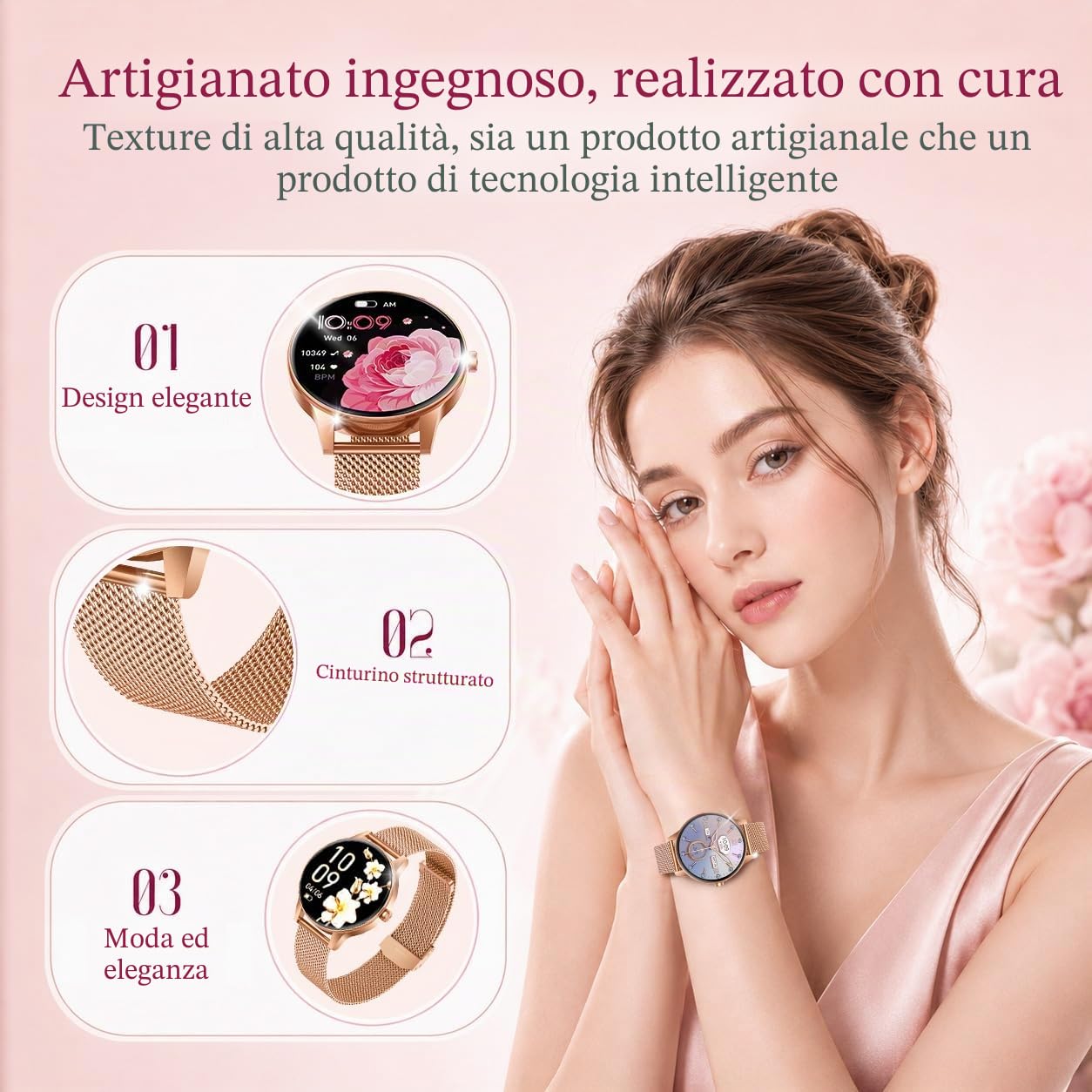 Smartwatch Donna Orologio Chiamate Bluetooth: 1,27" Tondo Touch Orologi Smart Watch da Impermeabile Sport Fitness Contapassi Cardiofrequenzimetro Pressione Caloriec Oro Polso per Android iOS Telefono