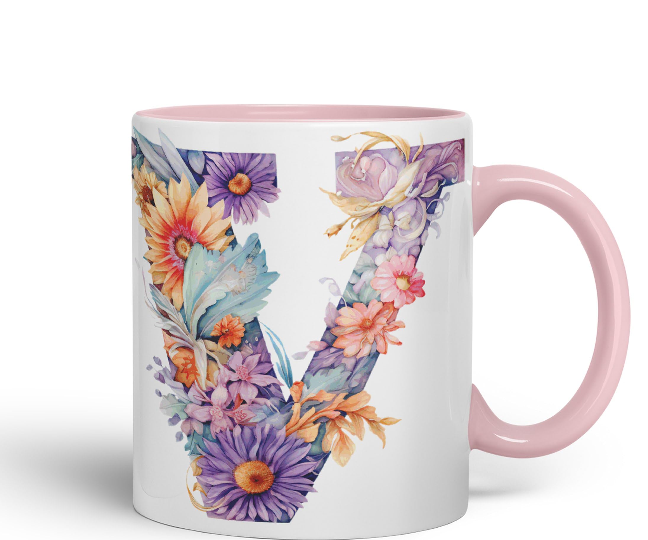 Tazza Personalizzata Lettera V – 330 Ml – Ceramica Con Fiori E Farfalla – Regalo Per Donna