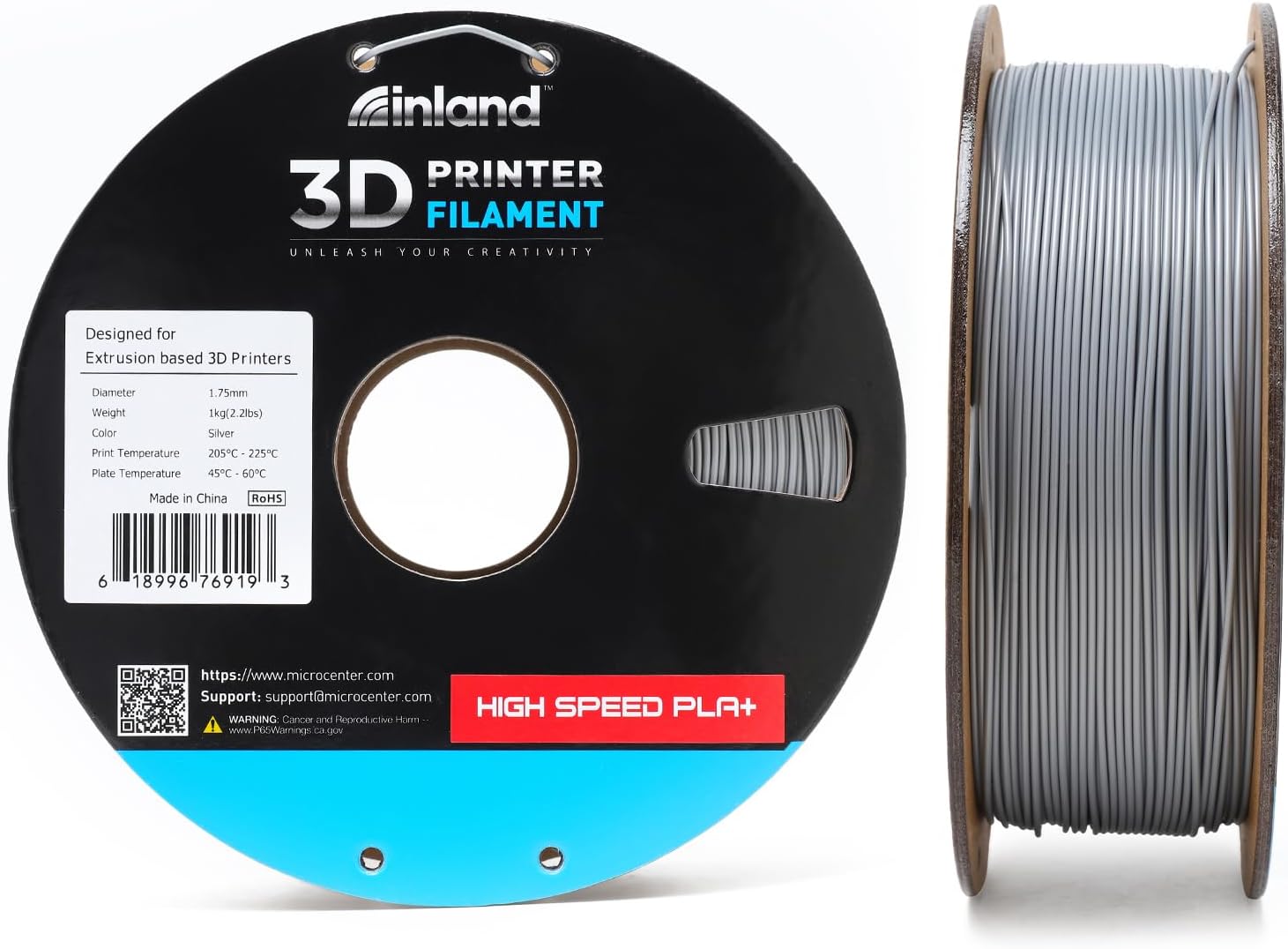 INLAND High Speed PLA+ 3D Printing Filament 1.75mm - Fast Printing PLA Pro Dimensional Accuracy +/- 0.03 mm - 1kg Cardboard Spool (2.2 lbs) (1 Pack Silver)