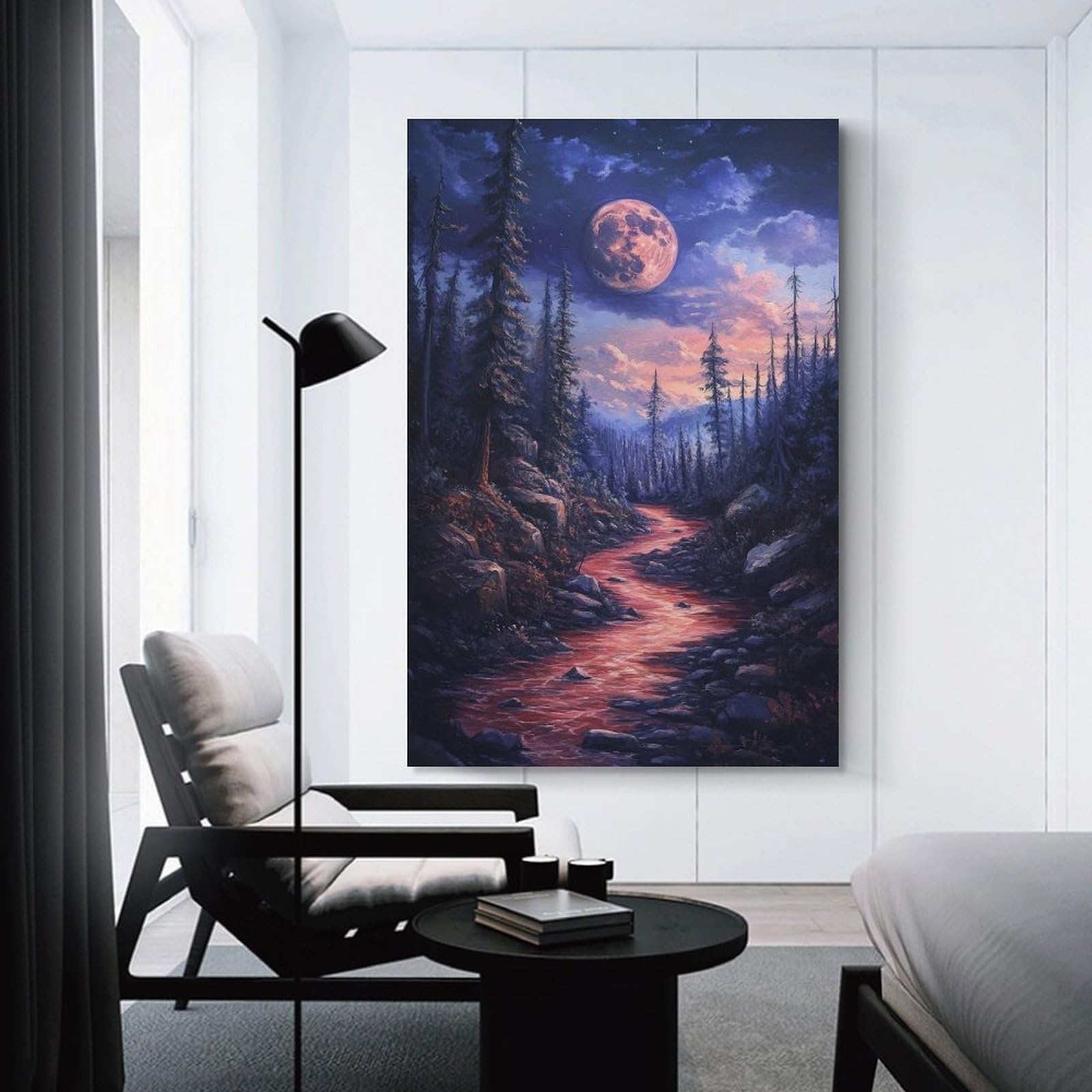 Junmoney Red River Under A Full Moon Decorative Wall Artwork, 20x30inch(50x75cm), for Corridors, Hallways Or Apartment Entries, Home Artwork for First Impressions