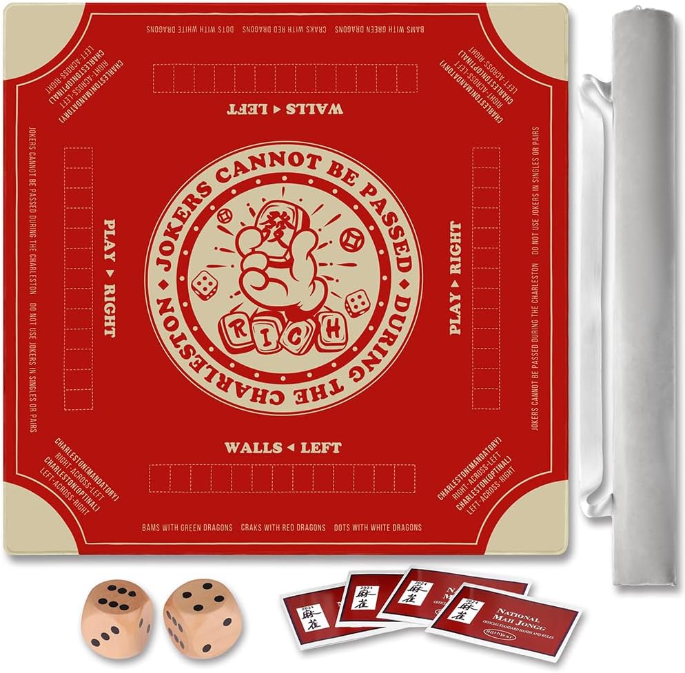 Mahjong Mat for Table with Printed American Rules & Carry Bag, 32.4x32.4 Inch Non-Slip Silent Tabletop Gaming Mat for American Mahjong & Tile Games (Blue)