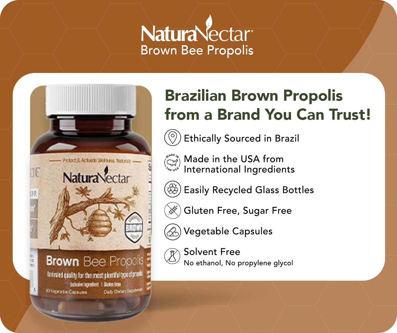 NaturaNectar - Brown Bee Propolis - NSF Contents Certified - Premium Brazilian Propolis - Gluten-Free Supplement with Flavonoids, FLAV-B and PWE - Naturally Sourced Through Ethical Beekeeping (60pcs.) — Amazon image 3
