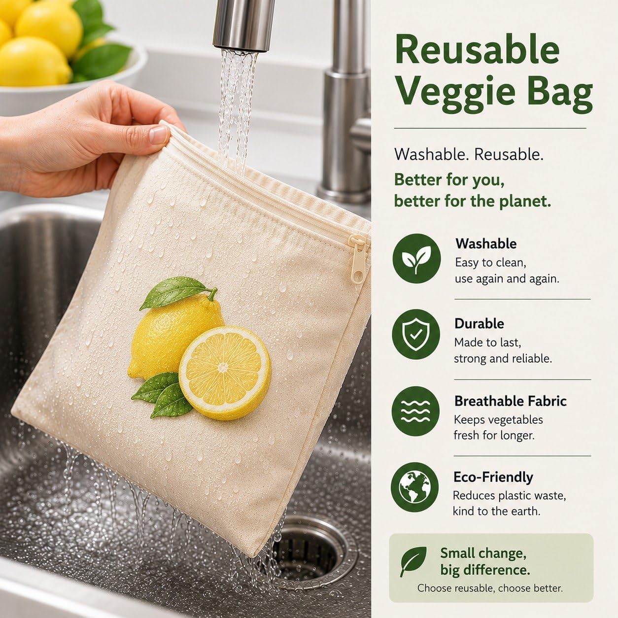 DREAM STYLE Cotton Vegetable Storage Bags Pack of 10, Reusable Zipper Produce Bags for Fridge and Kitchen Storage, Eco-Friendly Cotton Organizer Bags with Vegetable Prints