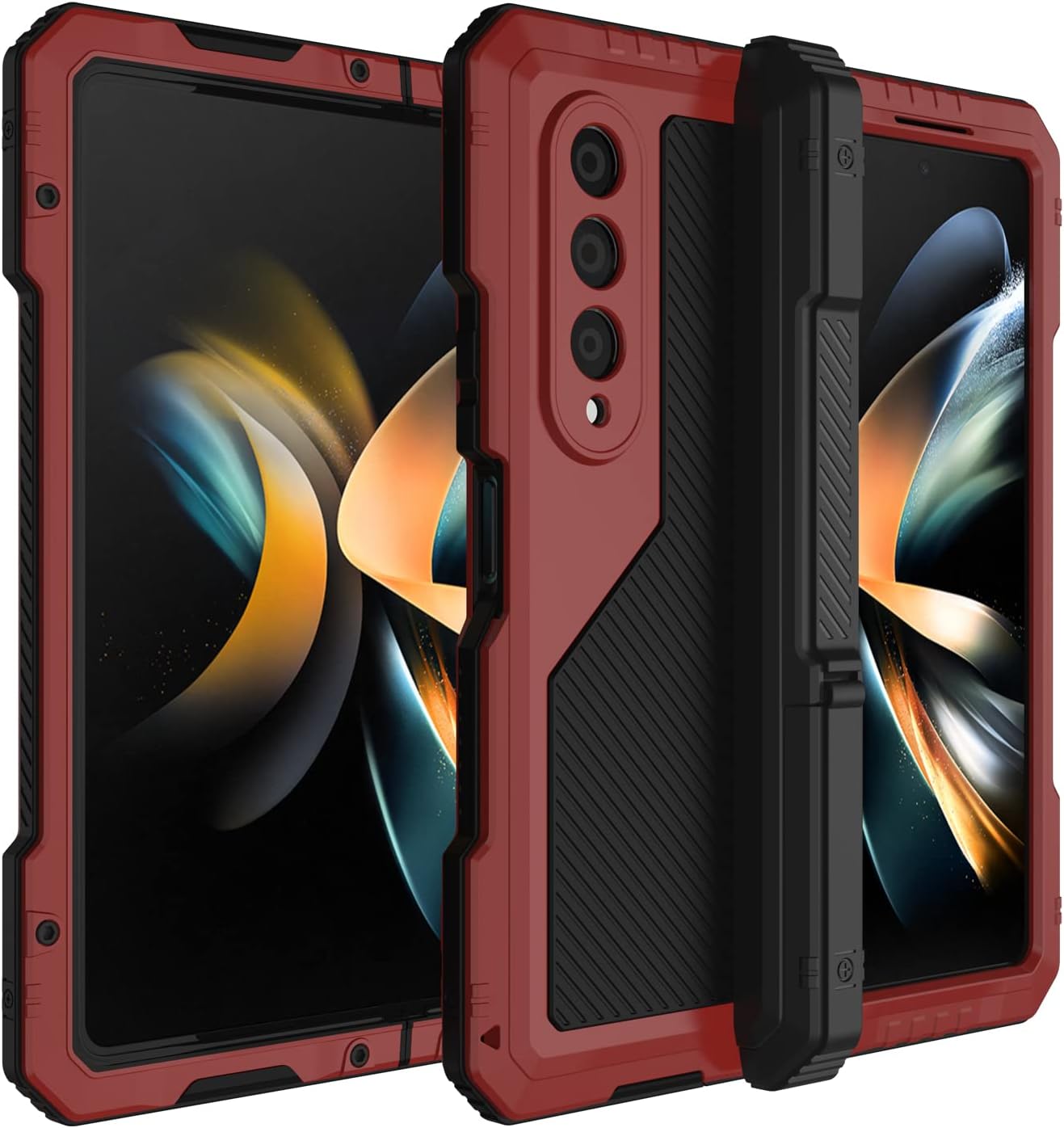 Compatible for Samsung Galaxy Z Fold 4 Metal Case with Kickstand,3 Layers Full Body Protective Shockproof Aluminium Cover Case Metal Screw Installation for Samsung Z Fold 4 Phone Case (Red)