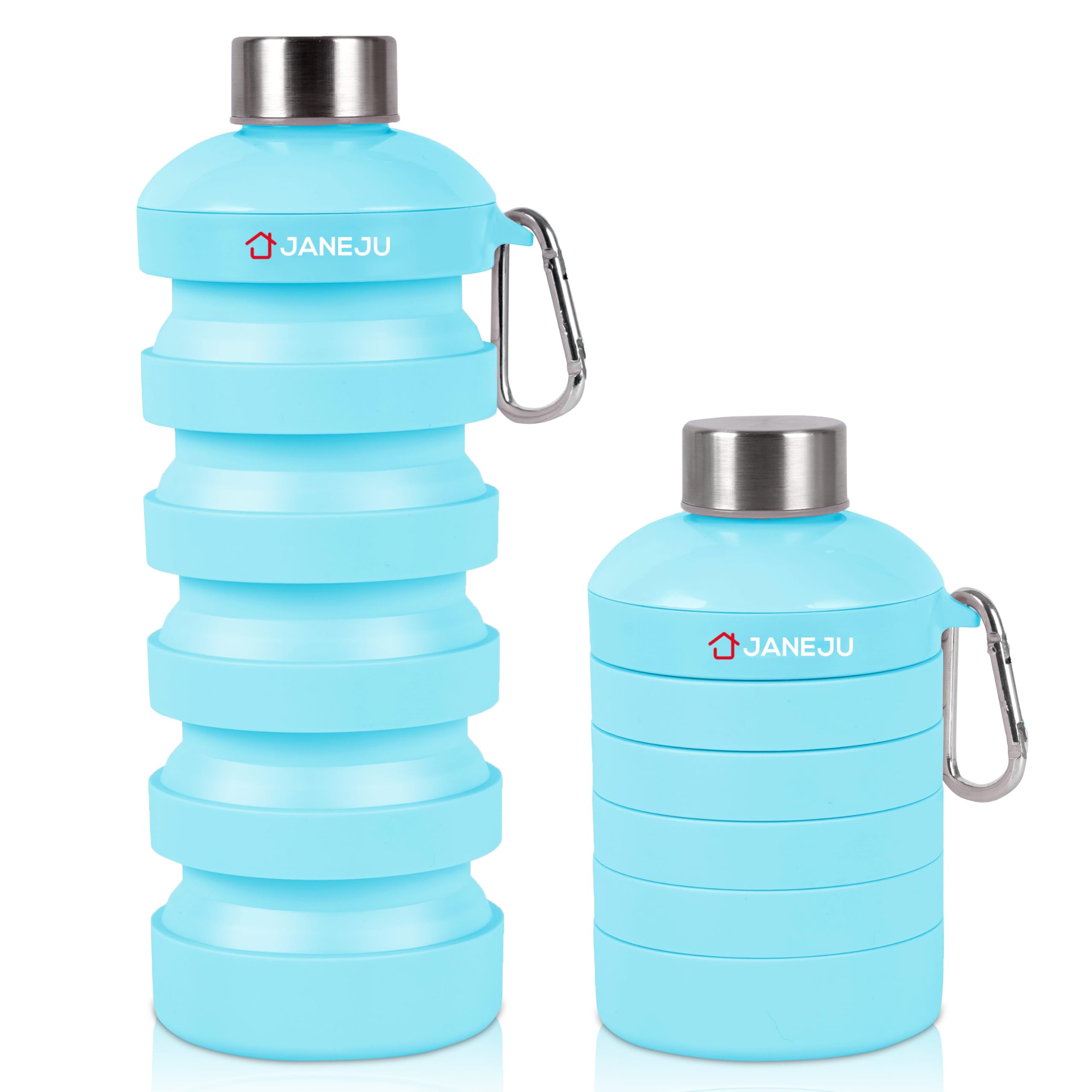 JANE JUCollapsible Water Bottle, 32oz BPA Free Silicone Reusable Portable Lightweight Foldable Water Bottles with Carabiner, Portable Leak Proof Sports Water Bottle with Stainless Twist Cap (Blue)