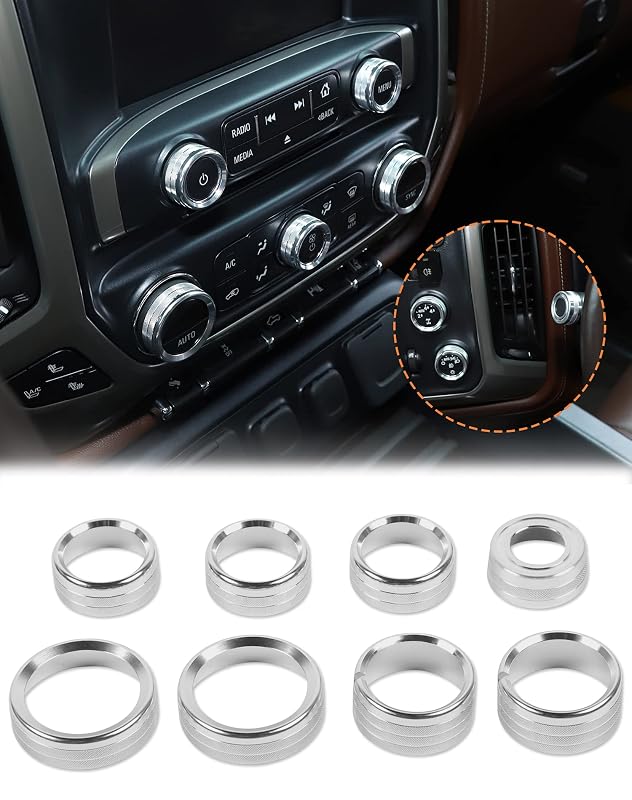 Capas para Botões do Controle do Ar-Condicionado do Console JeCar para Chevy Silverado e GMC Sierra 2014 a 2018, Prata, 8 peças