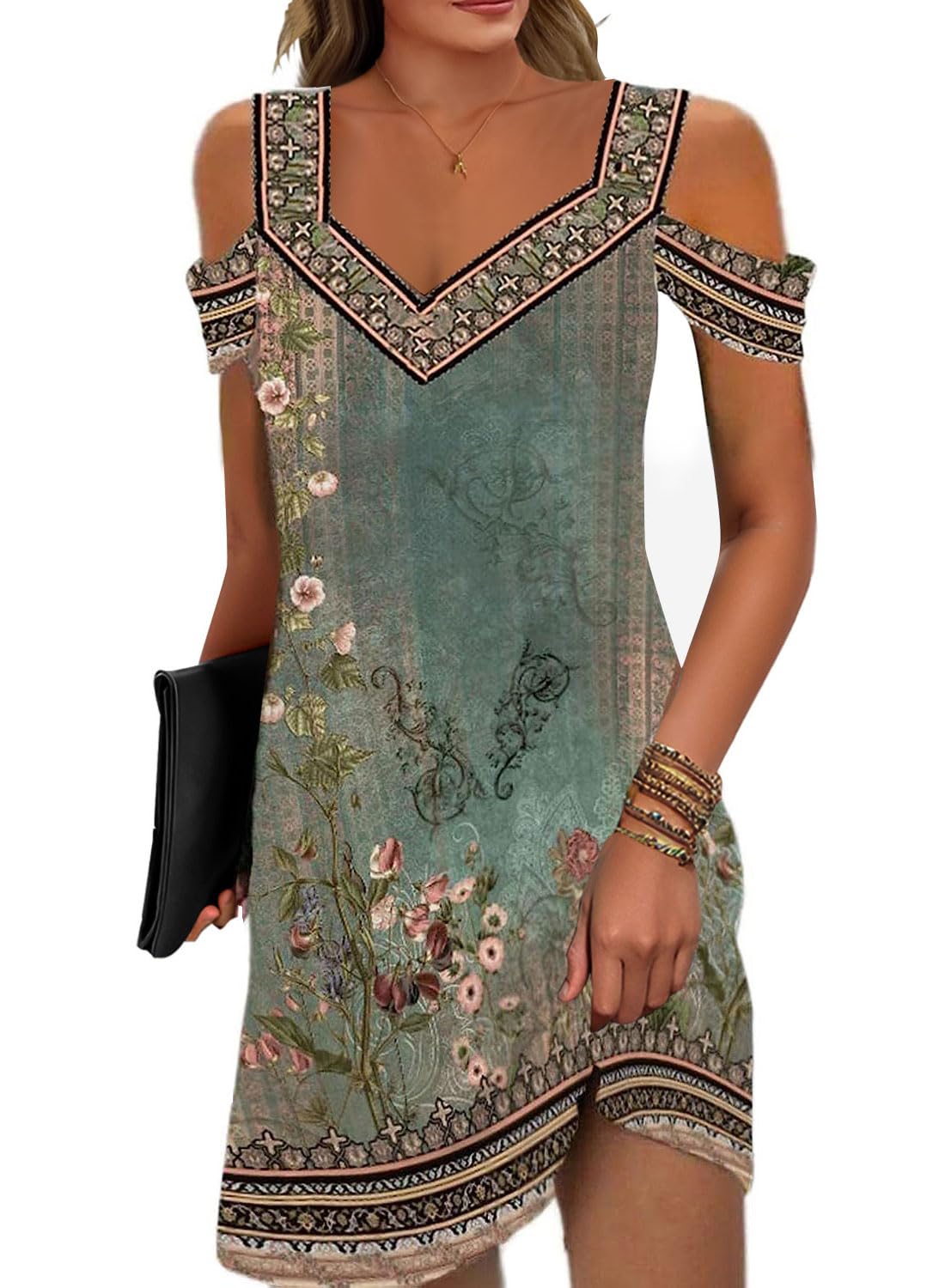 Soesdemo Womens Summer Dress Cold Shoulder V Neck Floral Printed 2024 Fashion Sundress with Pockets