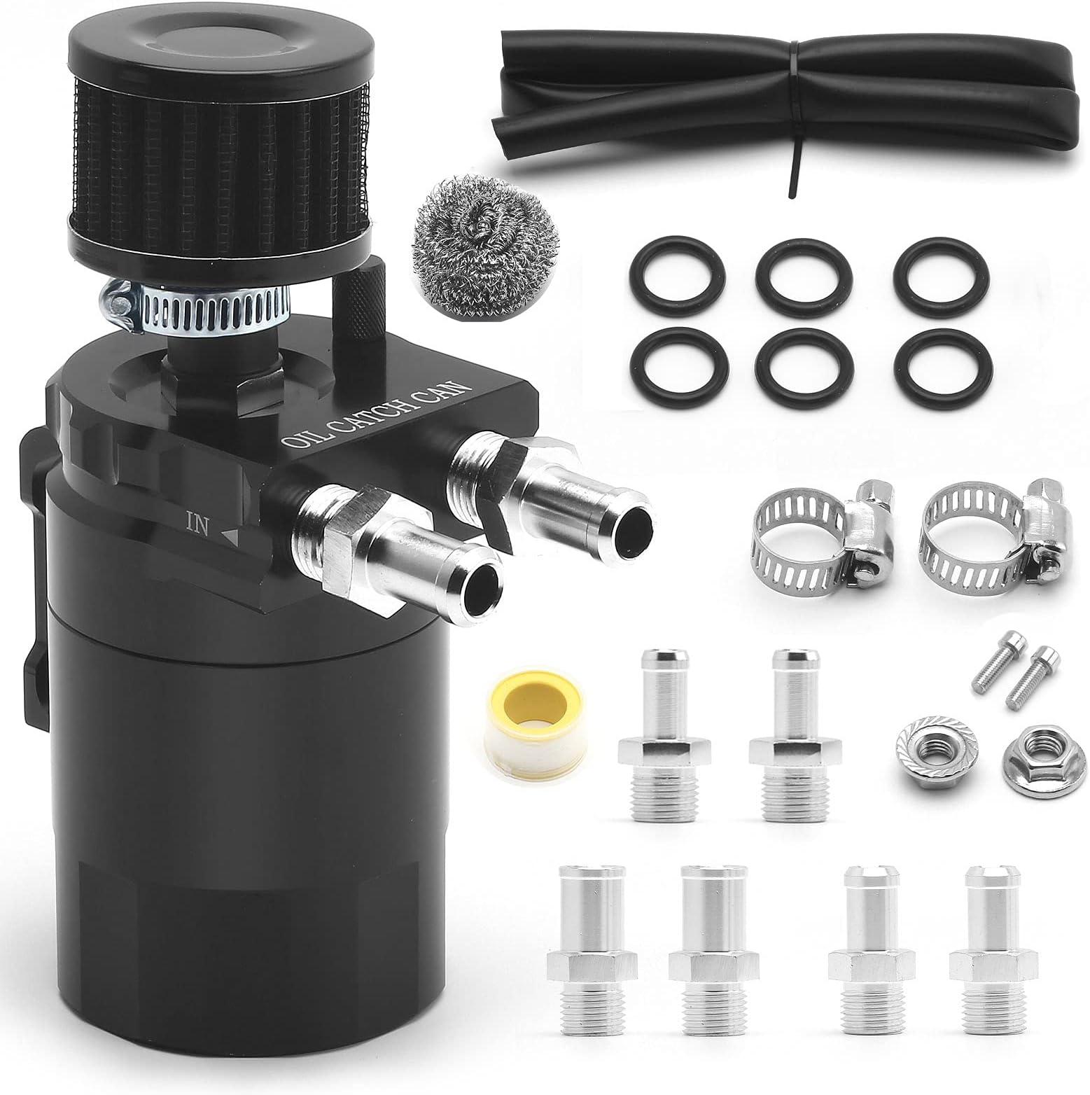 muge racing 400ml Oil Catch Can Kit Universal for Cars/Trucks, Baffled Aluminum Reservoir with Breather Filter & Accessories, 3/8" Fuel Line Included, Fits 5.7 Hemi/5.3 Silverado and More, Black