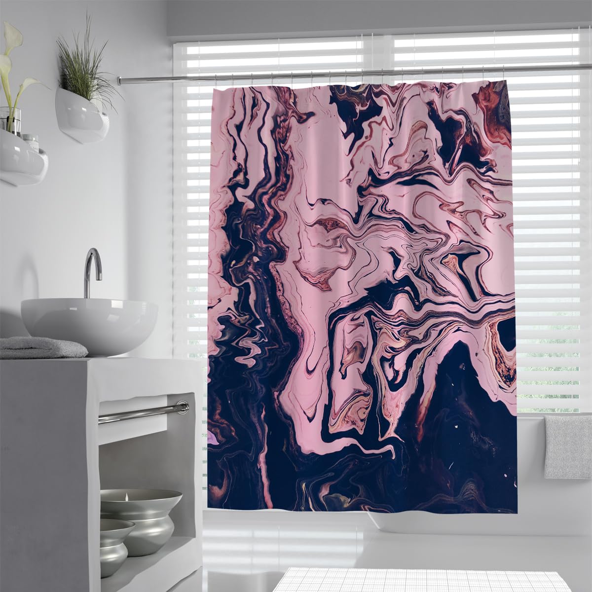 UIRINGART Aestheticism Bathroom Curtains W200xL220cm Rose Pink Navy Blue Agate Fluid Liquid Wavy Pattern with Rustproof Grommets Home and Hotel Bathroom Decor
