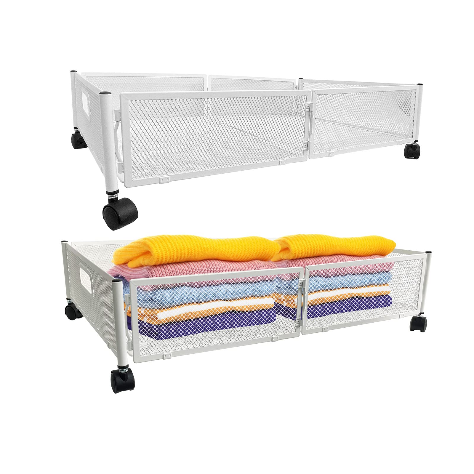 Under Bed Storage With Wheels Foldable Underbed Storage Containers Large Wrought Metal for Clothes Storage Basket Movable(2 pieces, White)