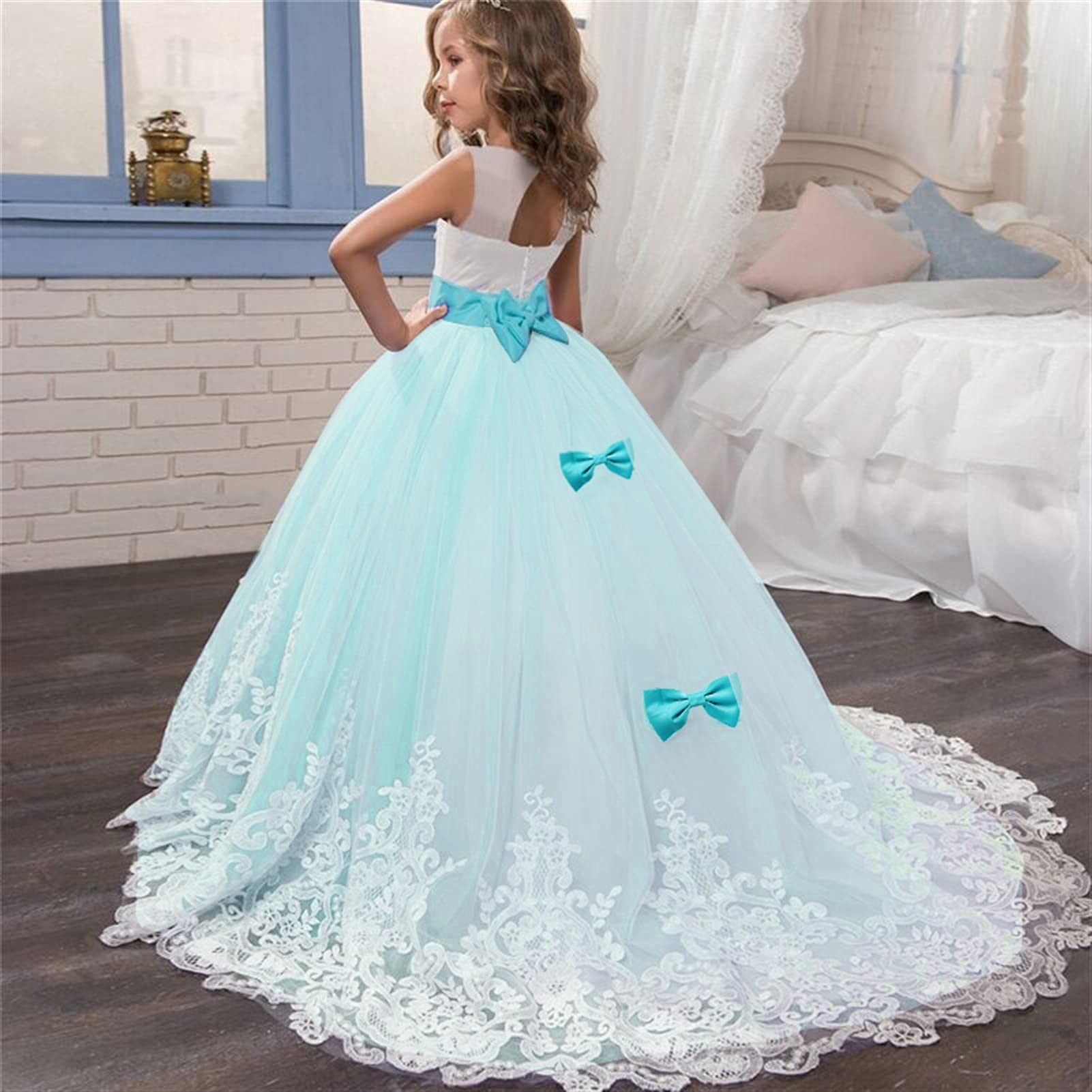 Adela Girls Lace High Neck Pageant Dress - Ball Gown With Hi-Low Hem & Train For Wedding, Communion (Customizable) - View #4