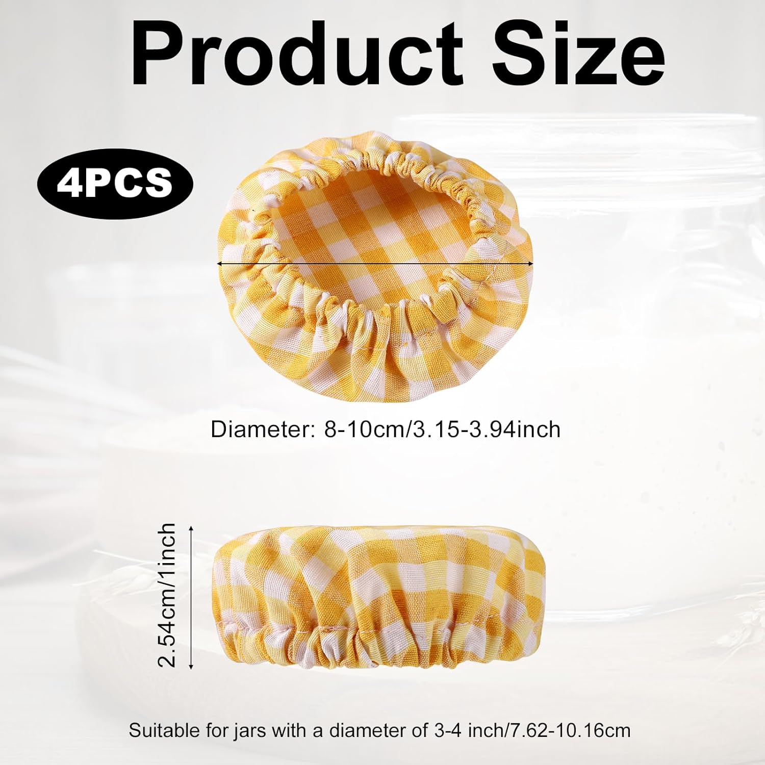 4pcs Cloth Covers for Sourdough Starter Jar, Plaid Cotton Cheese Bread Fermentation Covers, Elastic Unbleached Reusable Lid Cover for 3-4 Inch Jar Mouth (Yellow)