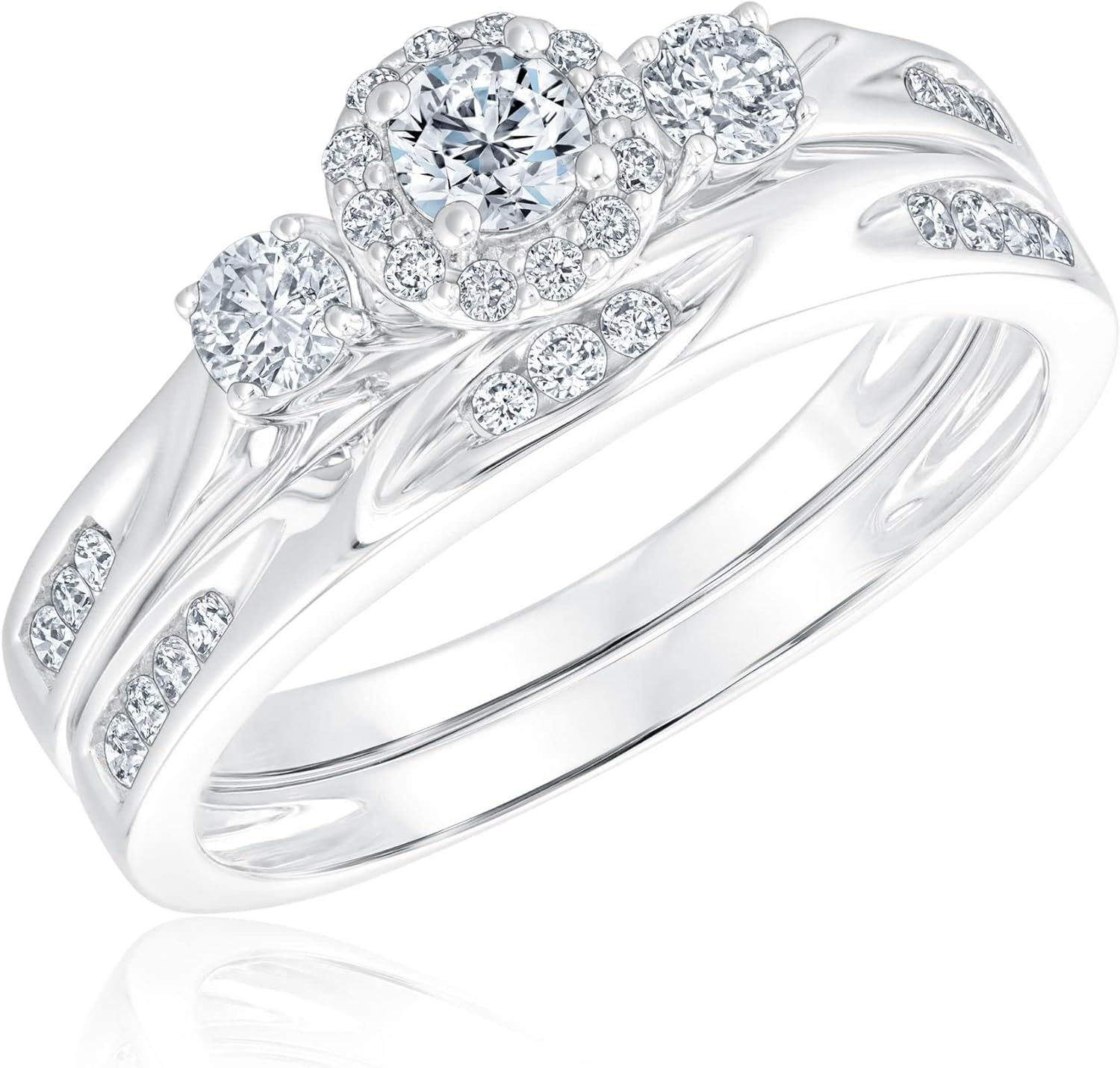 2 Carat (ctw) 3-Stone Bridal Set Moissanite engagement rings for women 10K 14k 18K gold ring Platinum Plated Silver Princess moissanite rings