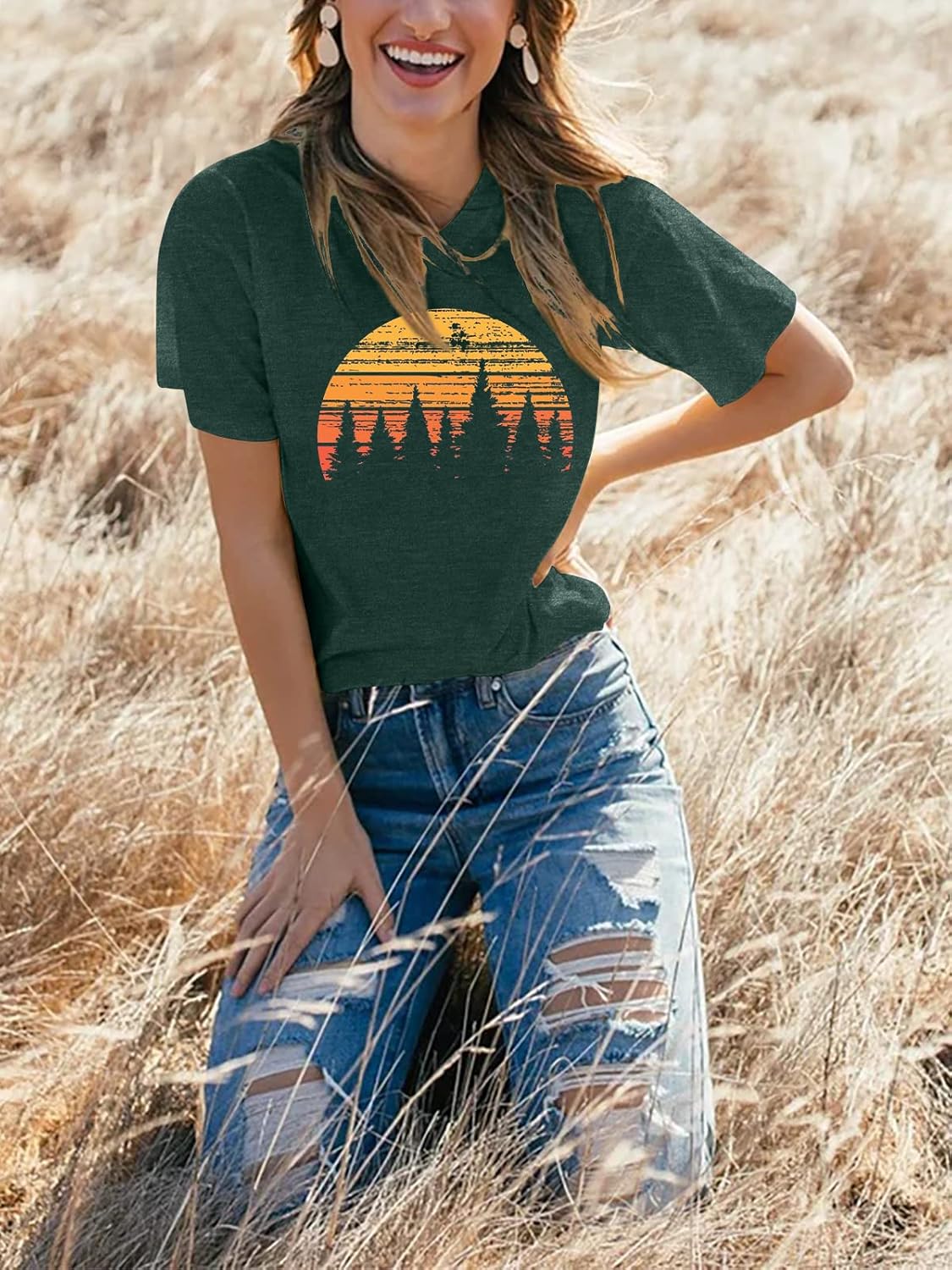 GEMLON Sunset Pine Tree Tshirt Women Camping Tshirt Retro Sun Print Graphic Tee Casual Short Sleeve Top - Image 2