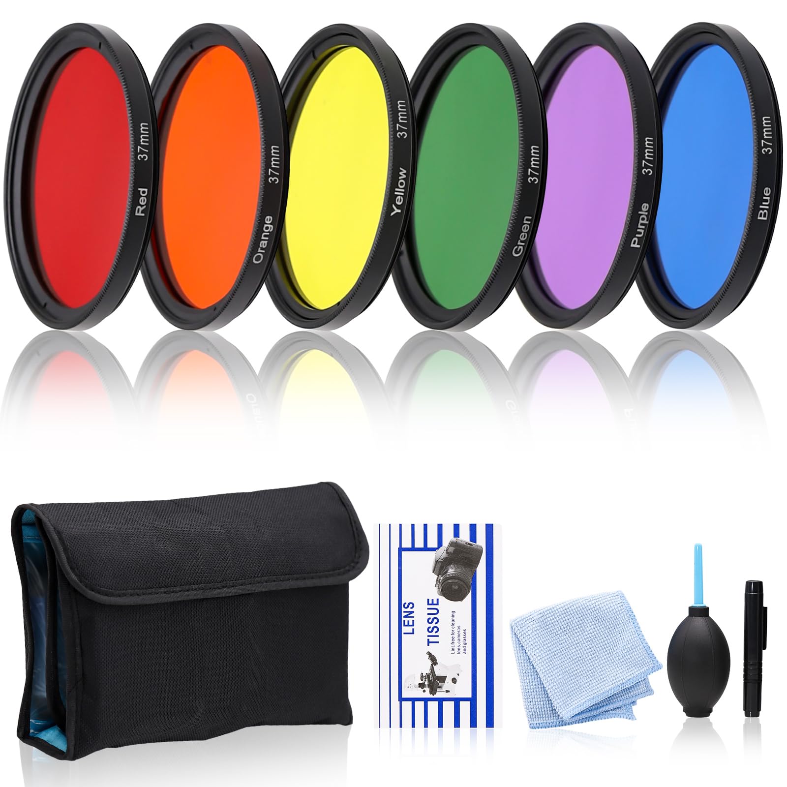 6-Piece Full Color Lens Filter Kit 37 mm for DSLR Cameras – Includes Red Orange Yellow Green Blue Purple Filters, Cleaning Kit & Pouch – Universal Fit