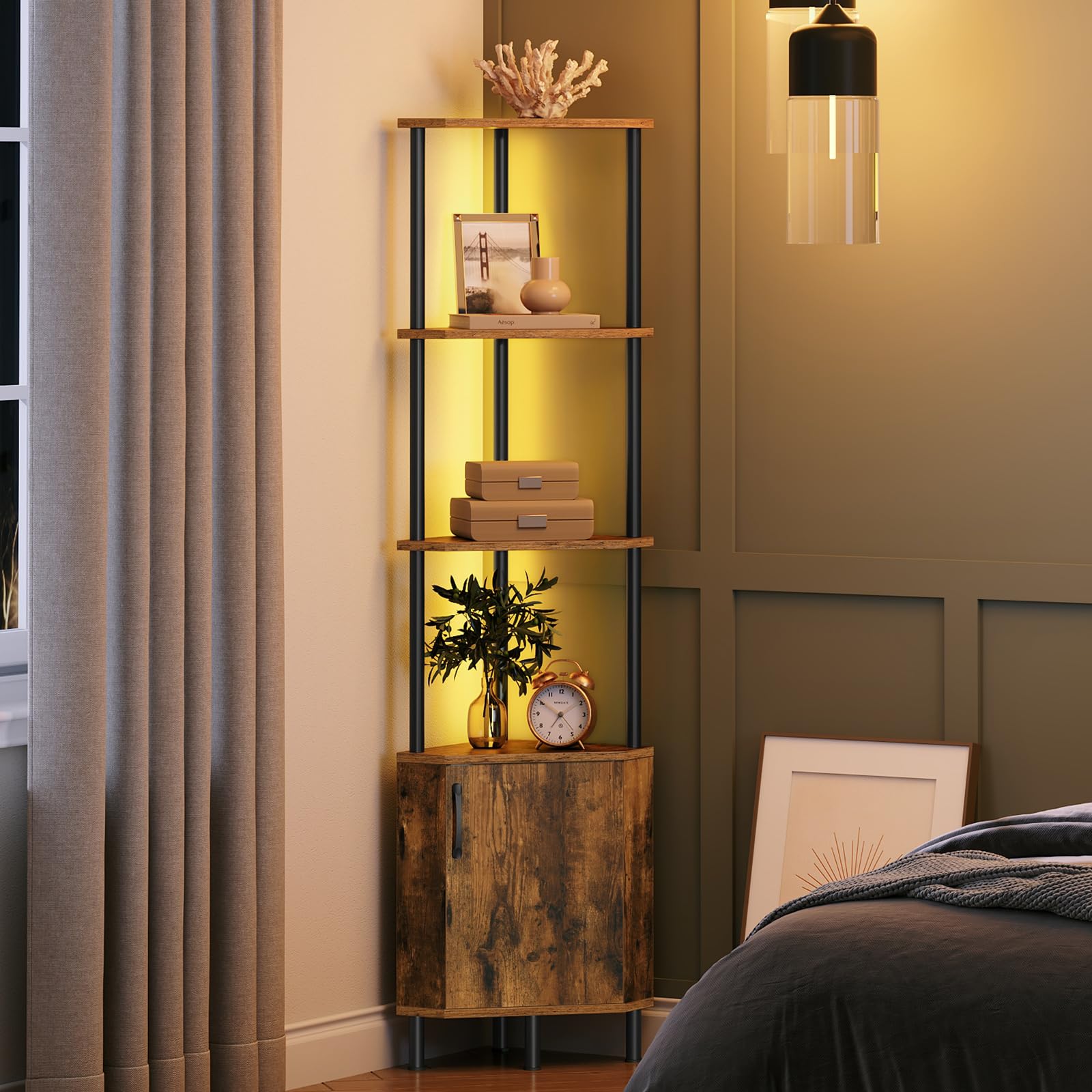 HOOBRO Libreria Verticale Angolare con LED e Mobile Contenitore, Scaffale Industriale da Esposizione, Pannelli a Motivo Diamante, per Soggiorno, Studio, Camera, Marrone Vintage e Nero EBF147DCJ01
