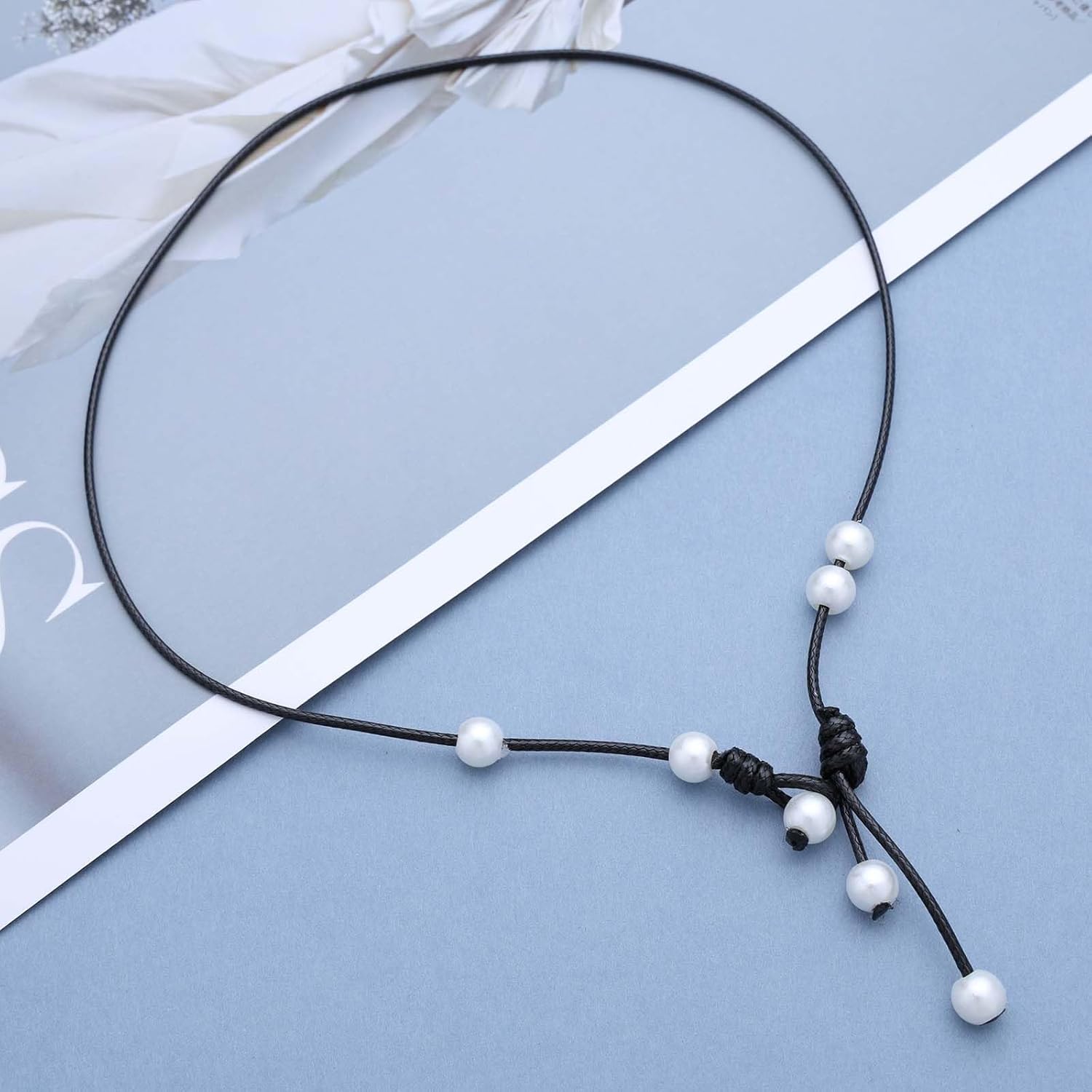 Vintage Black Leather Pearl Choker Necklace Leather Y Lariat Necklace Pearl Tassel Drop Necklace Vegan Leather Necklace Jewelry for Women - Image 3