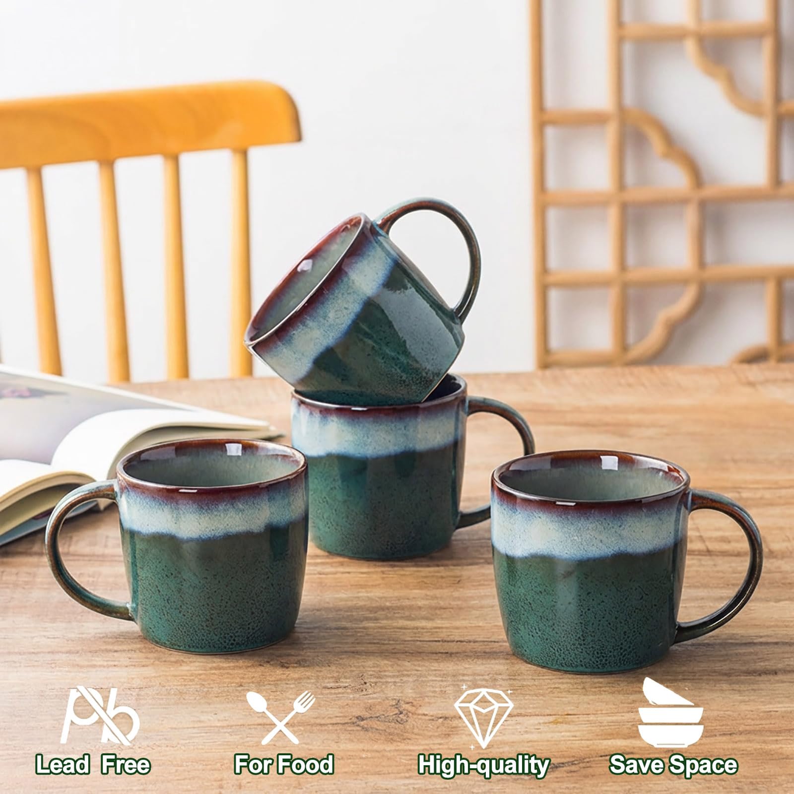 Juego de 4 tazas de café expreso de cerámica de 325 ml, aptas para lavavajillas y microondas, tazas de café expreso de 330 ml, tazas Demitasse esmaltadas especiales, tazas de gres con diseño graduado
