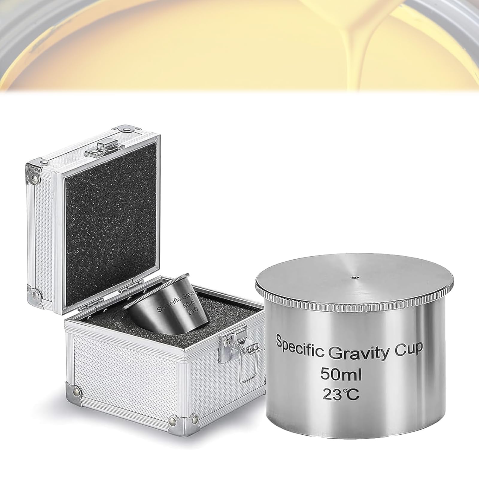 MObyat 50ml Aluminum Specific Density Cup, Liquid Density Meter With Aluminum Box, ±1mg (0.001%) Ultra, Bubble-free Testing, Calibrated Wide Mouth Design, For Paint Coating Solvent Testing