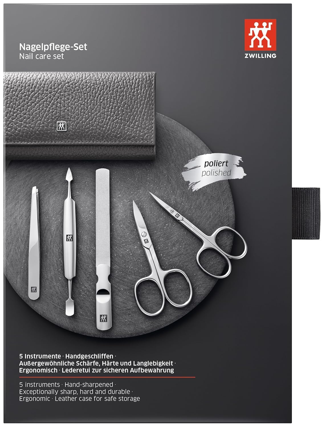 ZWILLING Set manicure (5 pezzi, cura delle unghie e pedicure con custodia in vera pelle con forbici per unghie e forbici per cuticole), acciaio inox lucido, antracite