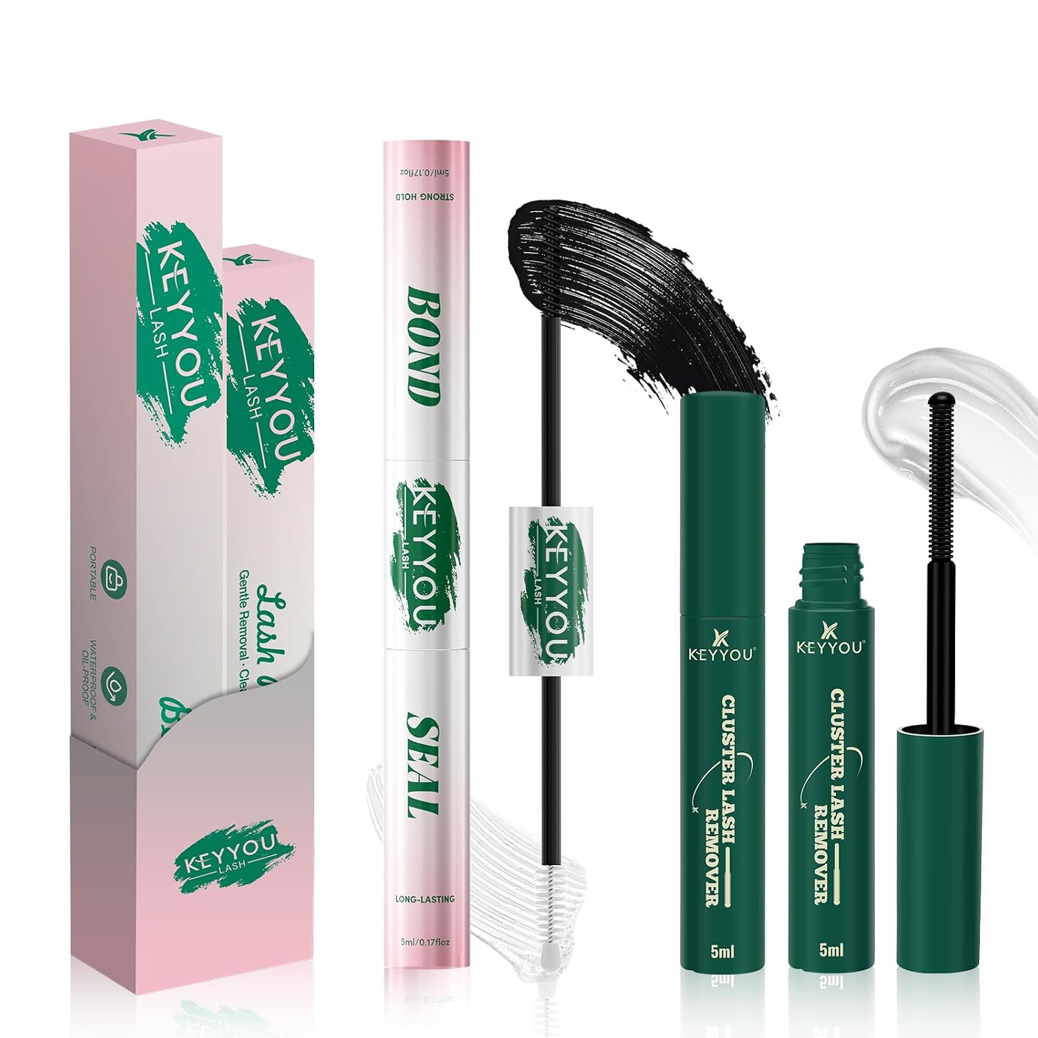 KEYYOU Lash Bond and Seal with Remover, Black Lash Glue Waterproof for Lash Clusters, Long-Lasting Strong Hold DIY Eyelash Glue, Vegan Non-Irritating with Gentle Oil-Based Lash Remover