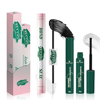 KEYYOU Lash Bond and Seal with Remover, Black Lash Glue Waterproof for Lash Clusters, Long-Lasting Strong Hold DIY Eyelash Glue, Vegan Non-Irritating with Gentle Oil-Based Lash Remover