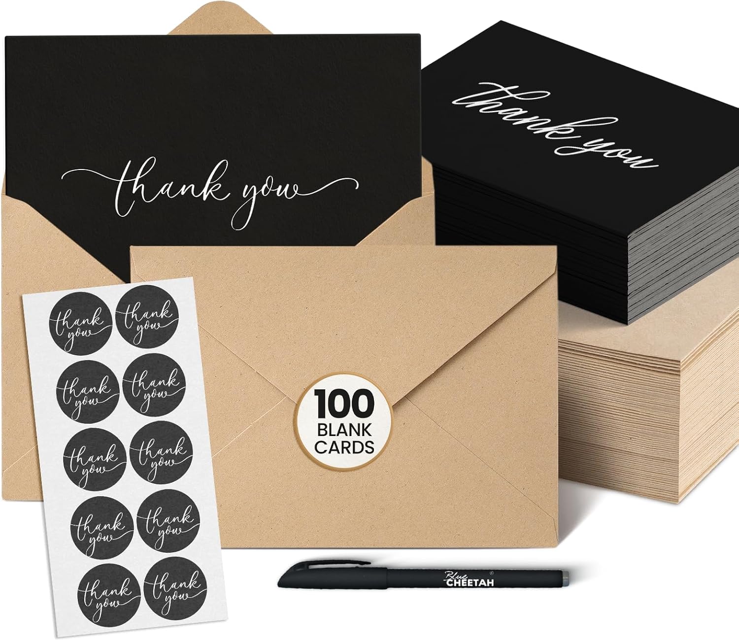 100 Pieces of Black Thank You Cards, Two Thank You Notes Designs, 4x6 Inch Thank You Card, Elegant Thank You Cards Baby Shower, Thank You Cards With Envelopes Bulk with 120 Stickers, Free Pen.