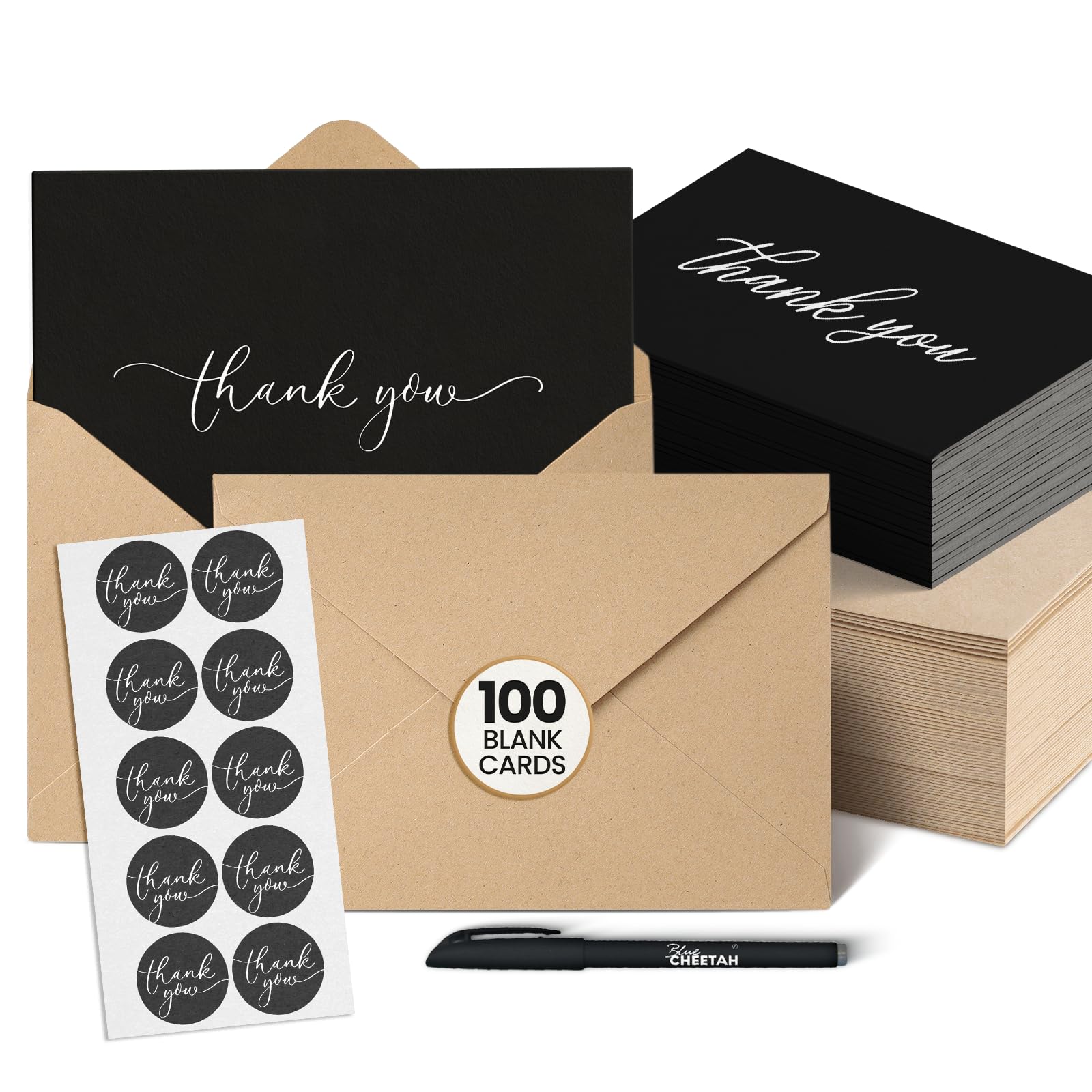 100 tarjetas de agradecimiento negras, dos diseños de notas de agradecimiento, tarjeta de agradecimiento de 4 x 6 pulgadas, elegantes tarjetas de agradecimiento para baby shower, tarjetas de