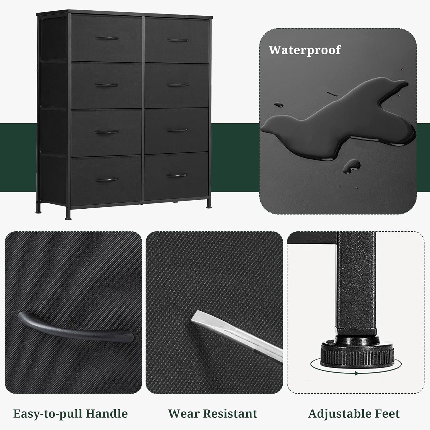 8-Drawer Dresser for Bedroom, Anti-Tip Tall Storage Organizer Chest of Drawers with Wooden Top and Metal Frame Fabric Bins for Closet, Living Room, Hallway, Entryway, Black - Image 7