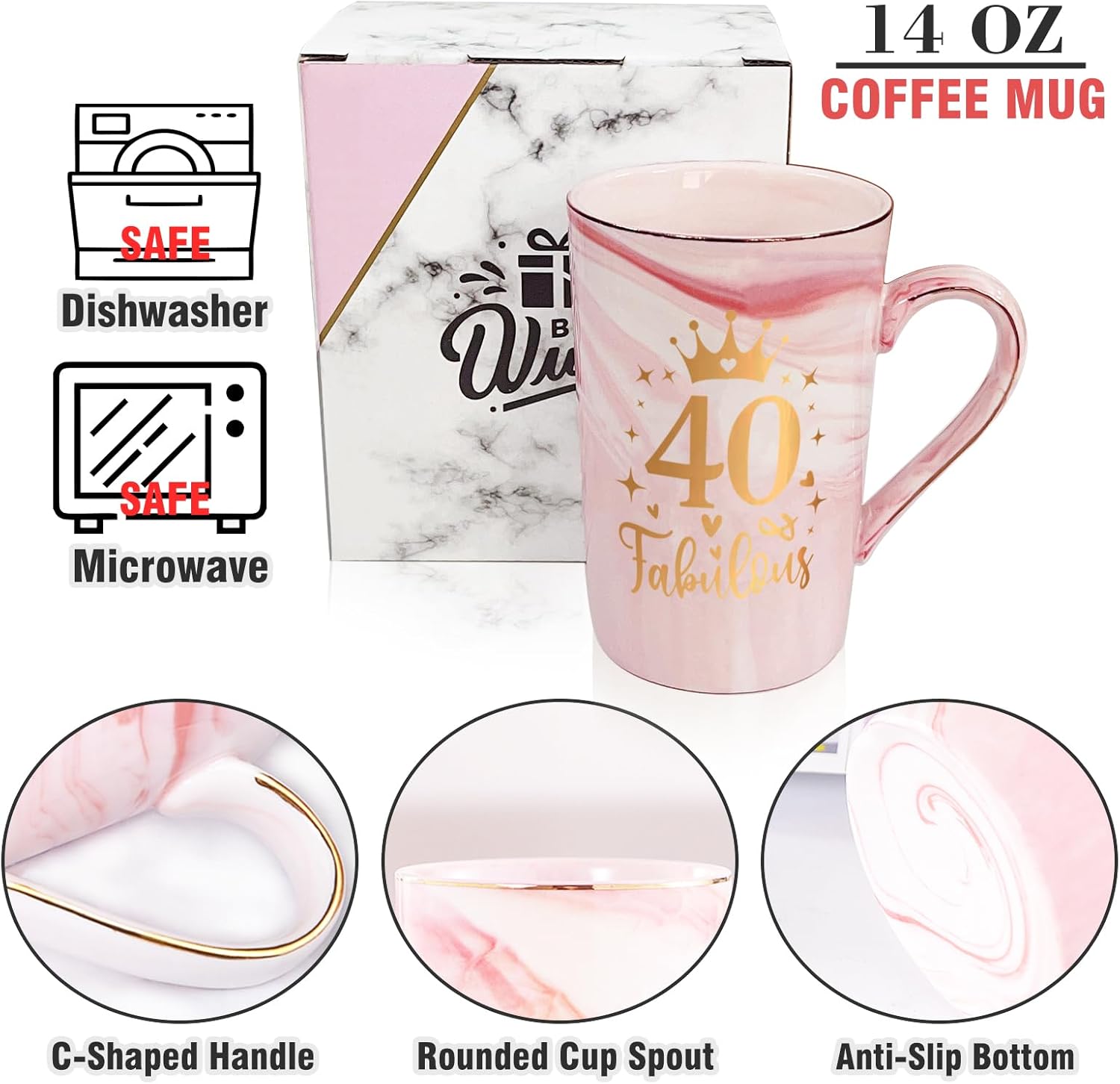 40th Birthday Gifts Women 40 Years Old Fabulous Funny Forty Birthday Coffee Mugs Cup Ideas for Mom Sister Female Coworker Friend, 14Oz Pink - Image 3