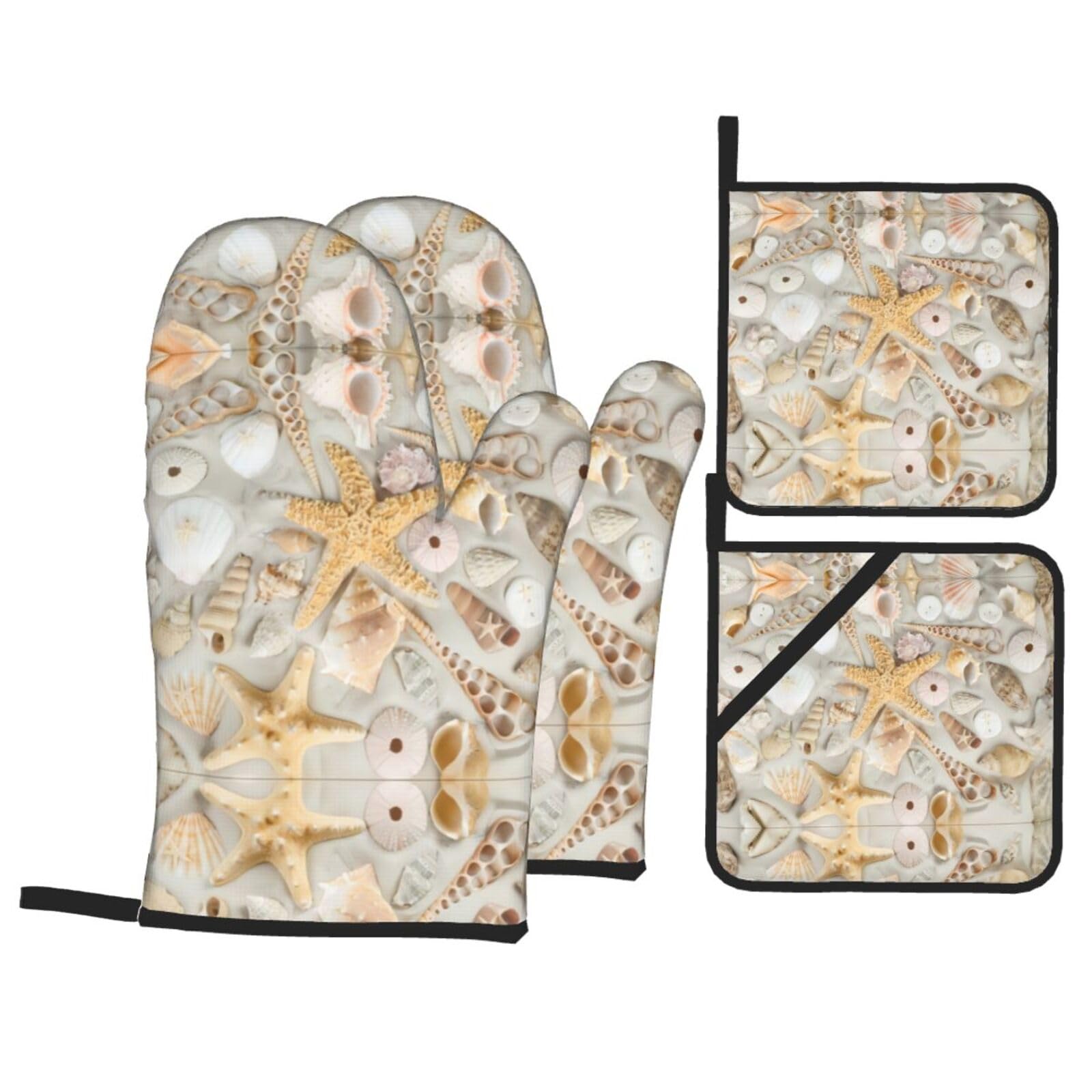 Starfish Seashell Sandy Beach Printed Baking 4-Piece Set, includes oven mitts and a heat-resistant mat, suitable for oven and BBQ use