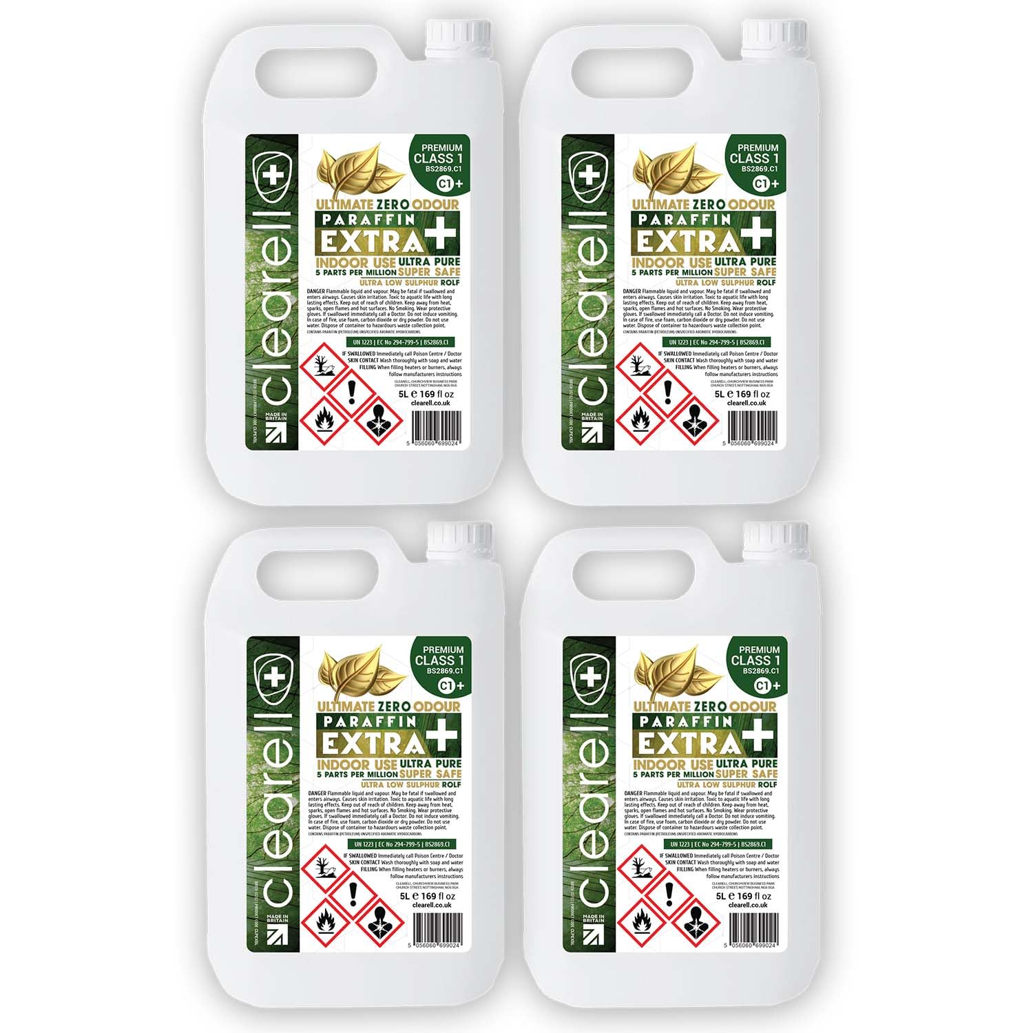 Clearell 20L | Paraffin Extra | 4 x 5L Pack | Ultimate Truly Odourless & Clean Burning ROLF Paraffin | Safer Than Standard Class 1 Paraffin 20 litres BS2869 C1