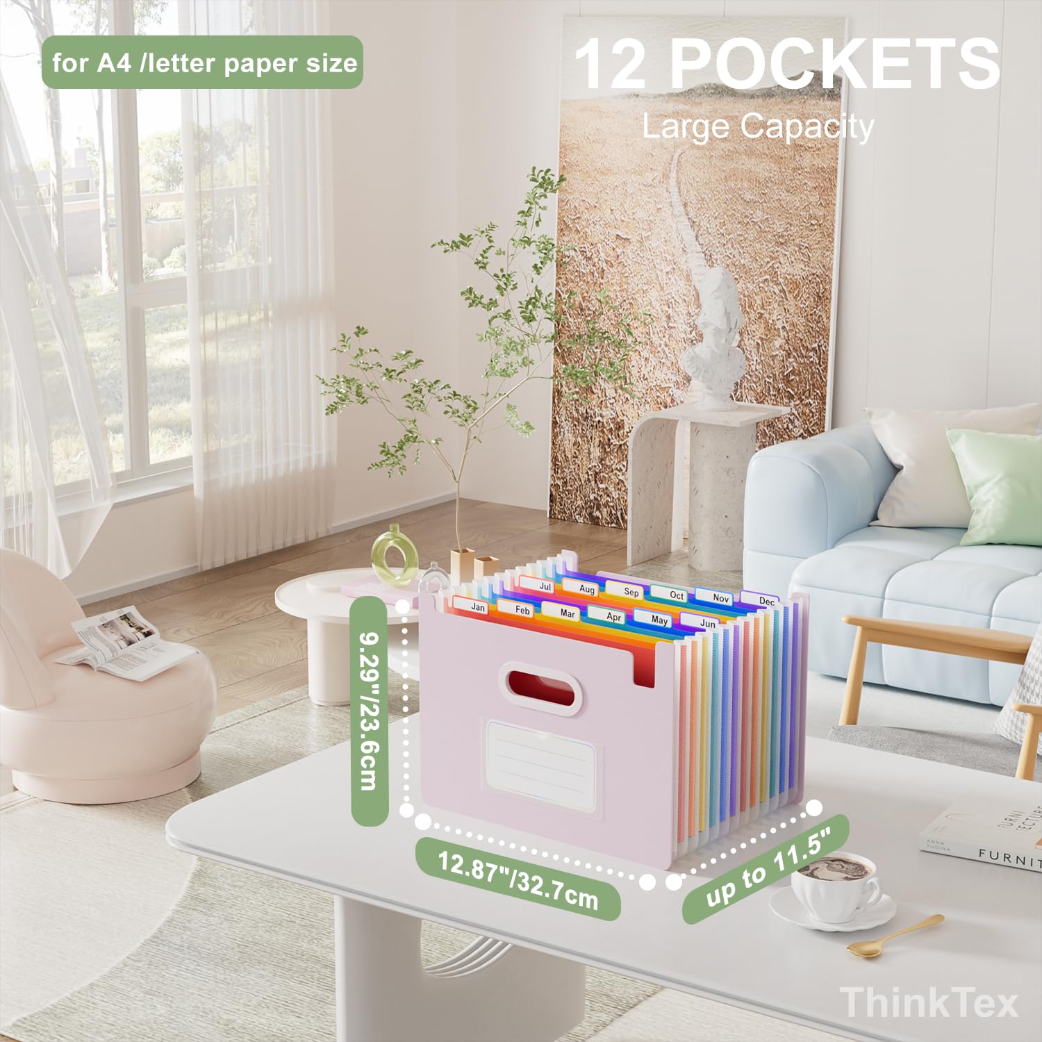 ThinkTex Organiseur de fichiers accordéon, 12 poches extensibles verticales et ouvertes sur le dessus, pour reçus papier, factures et taxes, format lettre/A4 pour l'école, le bureau, la maison avec