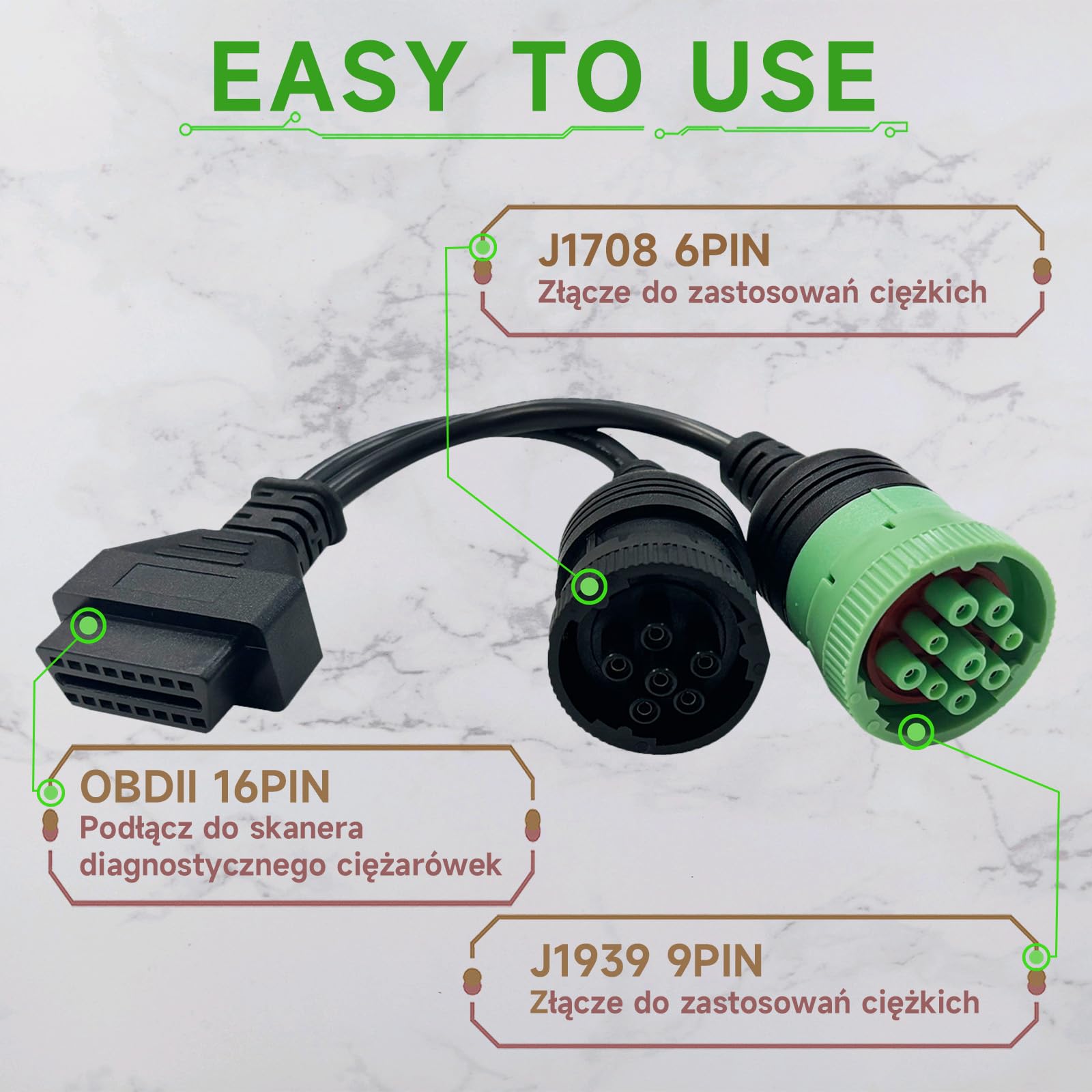 OBD do typu 2 Zielony 9-pinowy J1939 i 6-pinowy J1708 do OBD2 Split Y, pasujący do złącza diagnostycznego Freightliner do ciężarówek z silnikiem wysokoprężnym, adaptera OBD2 do pojazdów użytko