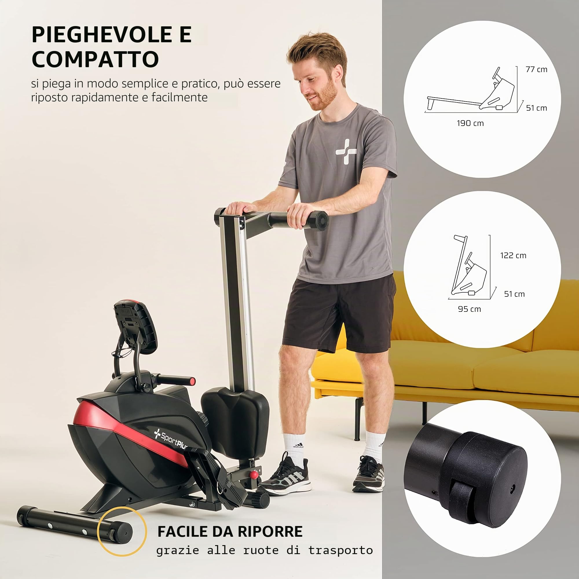 Vogatore per la casa, vogatore pieghevole, attrezzatura da palestra a casa, progettata in Germania, vogatore magnetico, portata massima: 150 kg SportPlus