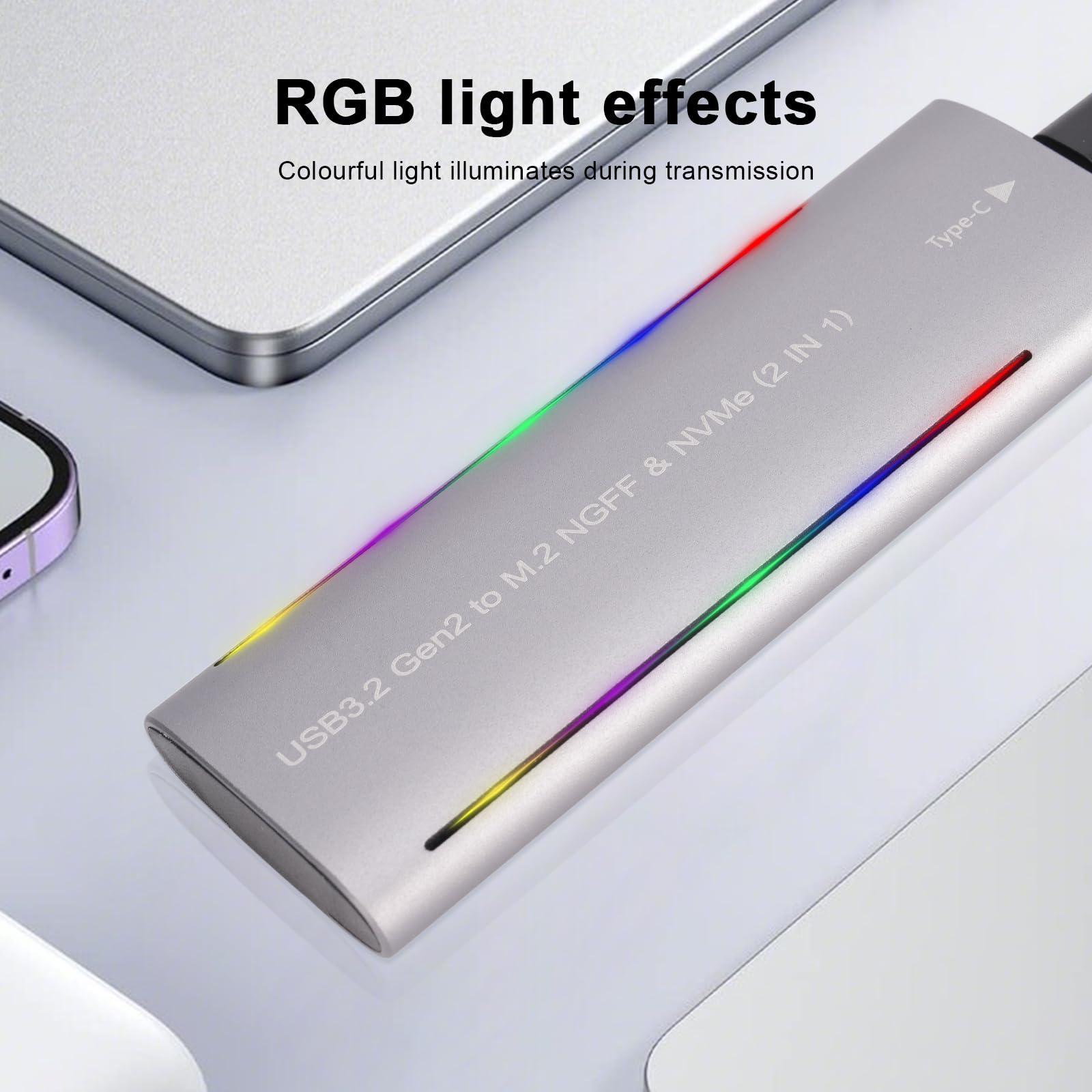 M.2 NVMe & SATA - Carcasa SSD (20 Gbps, USB-C 3.2 Gen2 x 2, carcasa de aluminio con RGB, sin herramientas, para disco duro M.2 2230/2242/2260/2280, compatible con MacBook, Windows, PS5, Phone 17)