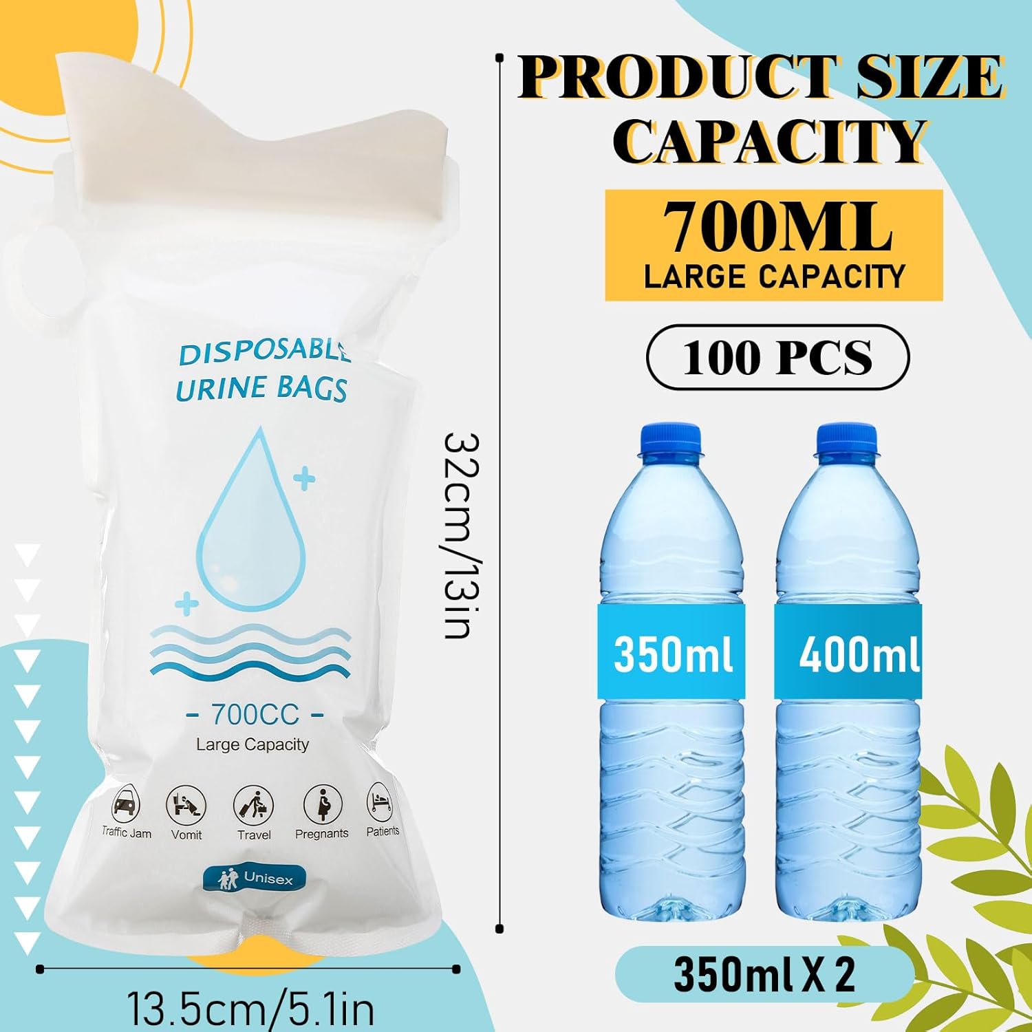 Nuogo 100 Pcs 700 CC Disposable Urine Bags Portable Pee Bag Urine Bags for Women Travel Emergency Urinal Toilet for Men Women Traffic Jams Camping Hiking