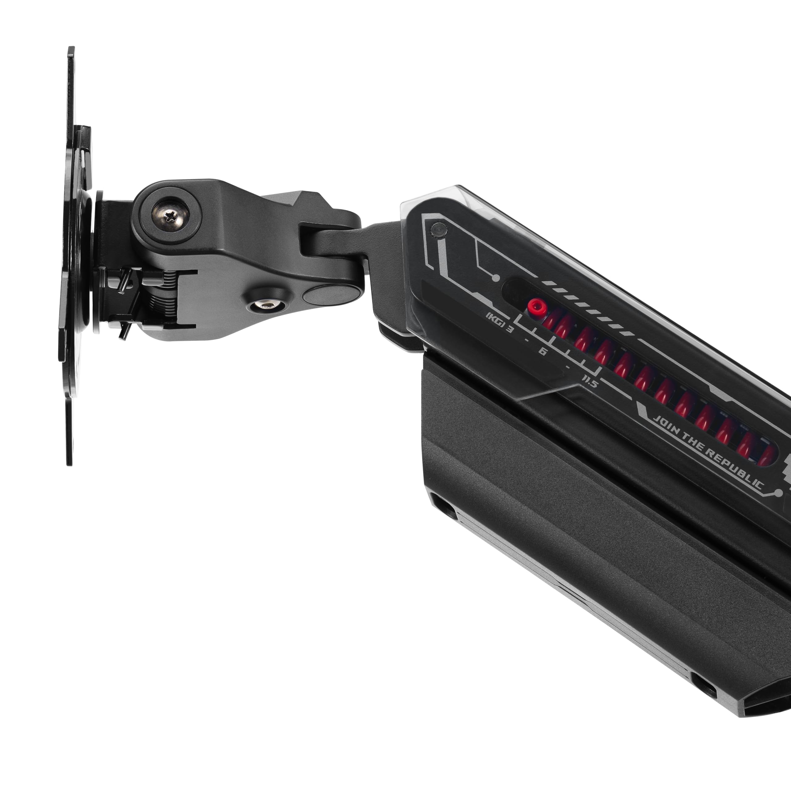 ASUS ROG Ergo AAS01R ramię monitorowe (mechaniczne zawieszenie, z zaciskiem stołowym i mocowaniem śrubowym, regulacja obrotowa, wychylna, pochylenie, obrót i wysokość, dwustronne zarządzanie kablami